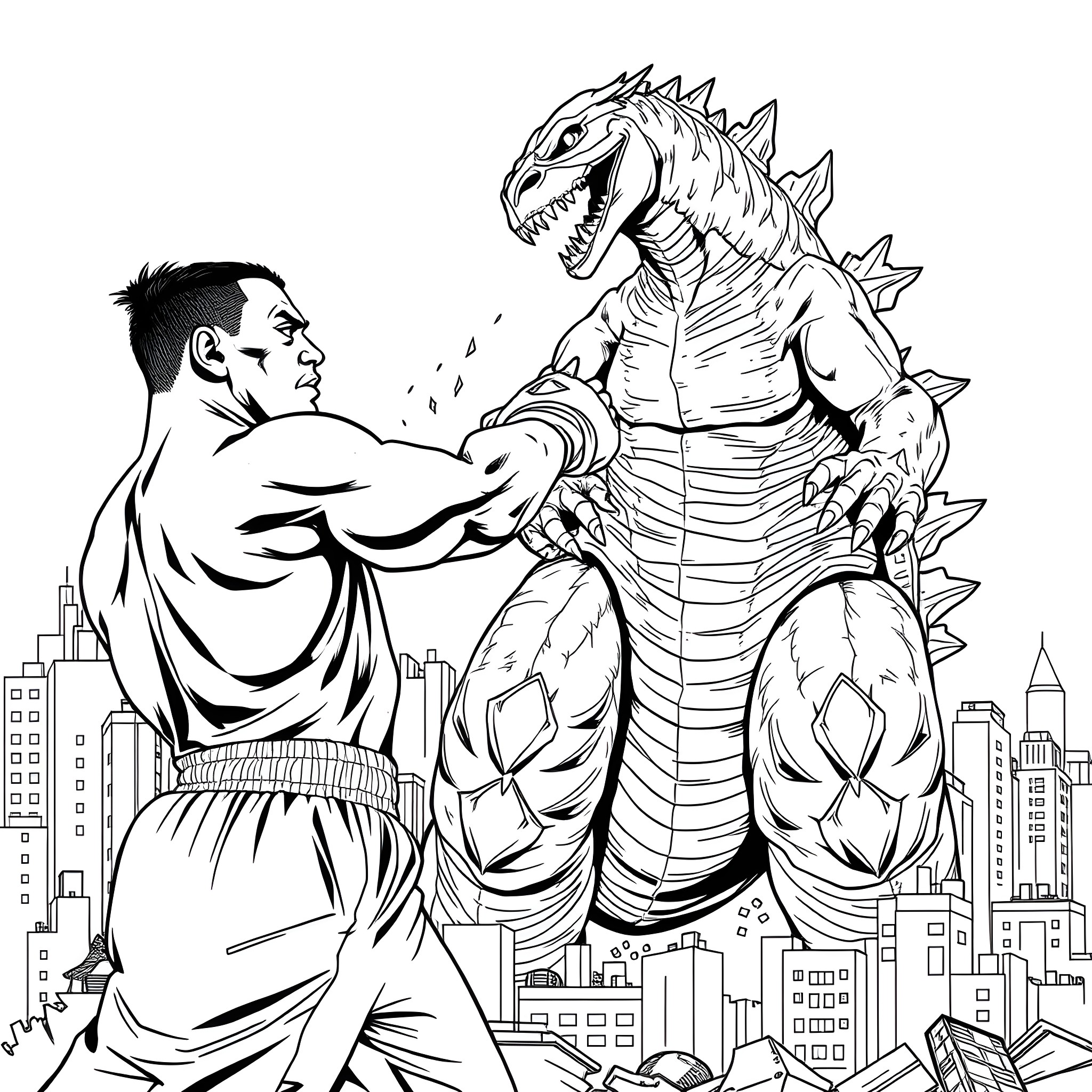 Mike Tyson battles a giant monster in the city Coloring Page (free black-and-white line drawing printable PDF for all, from beginners to advanced learners, including children, teens, adults, and seniors)
