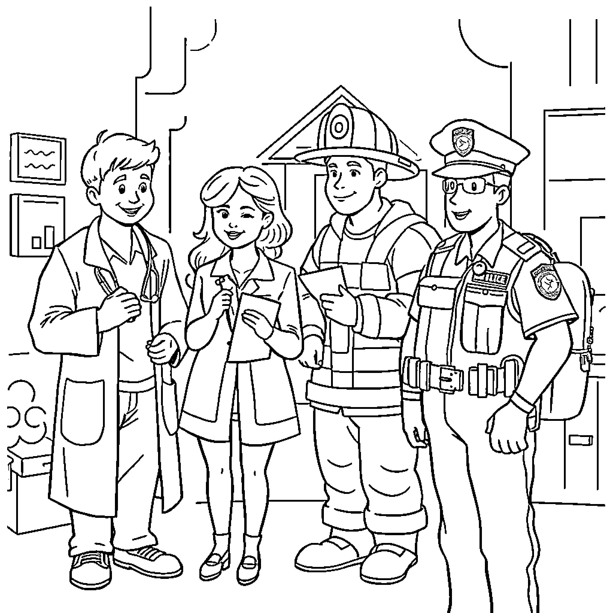 Community Helper Characters in Various Professions Coloring Page (free black-and-white line drawing printable PDF for all, from beginners to advanced learners, including children, teens, adults, and seniors)