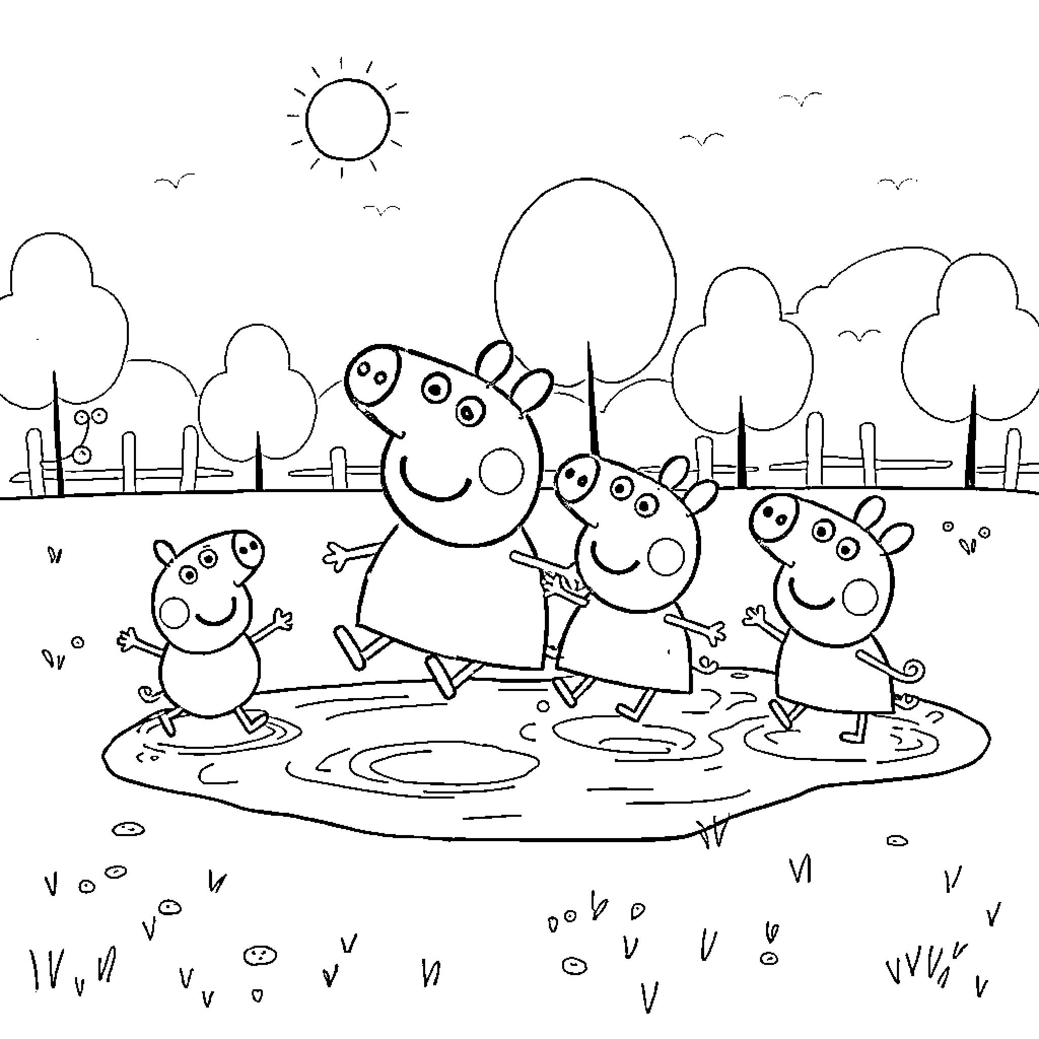 Peppa Pig and family playing in the park Coloring Page (free black-and-white line drawing printable PDF for all, from beginners to advanced learners, including children, teens, adults, and seniors)
