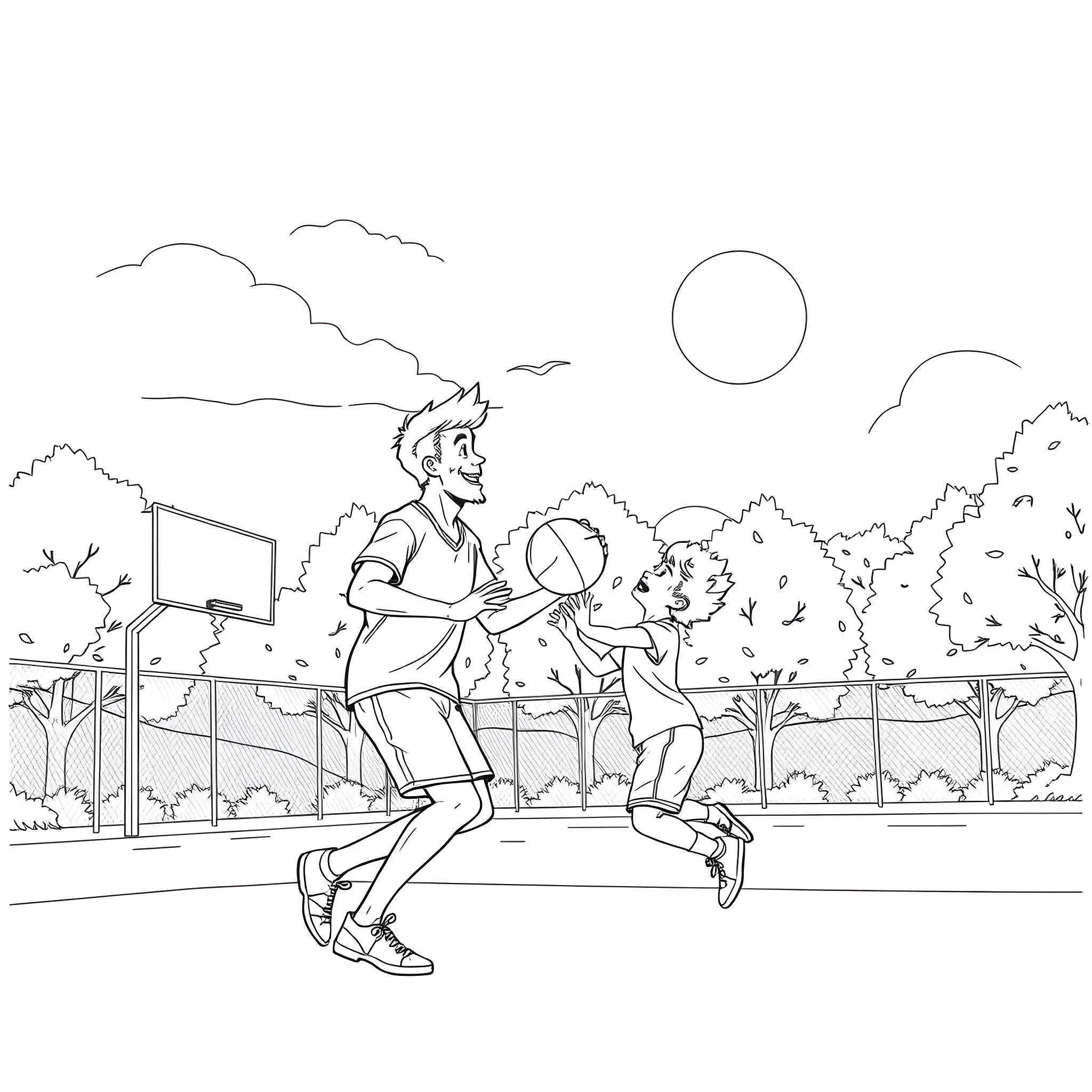 Basketball players practicing outdoors on a sunny day Coloring Page (free black-and-white line drawing printable PDF for all, from beginners to advanced learners, including children, teens, adults, and seniors)