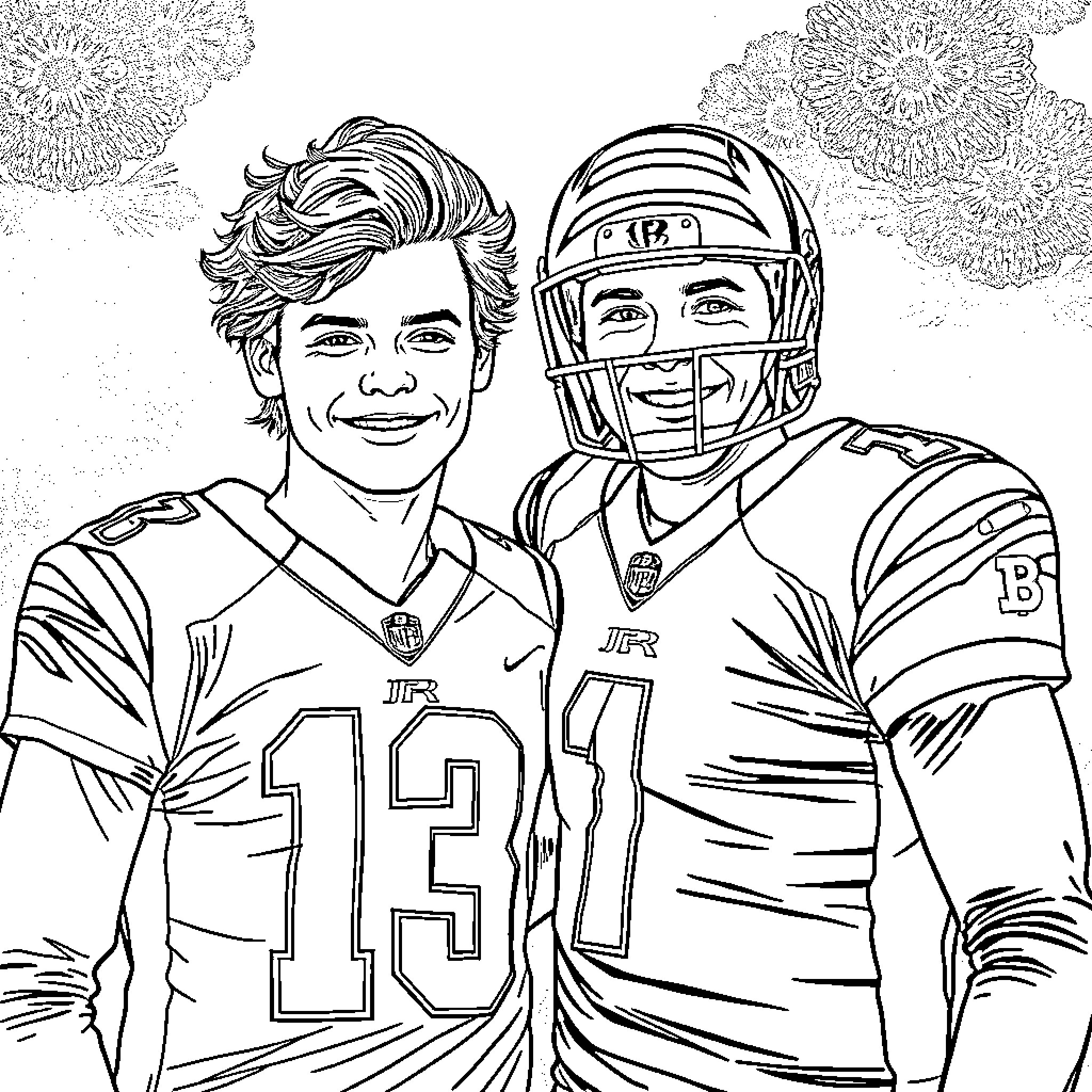 Harry Styles and a football player posing together Coloring Page (free black-and-white line drawing printable PDF for all, from beginners to advanced learners, including children, teens, adults, and seniors)