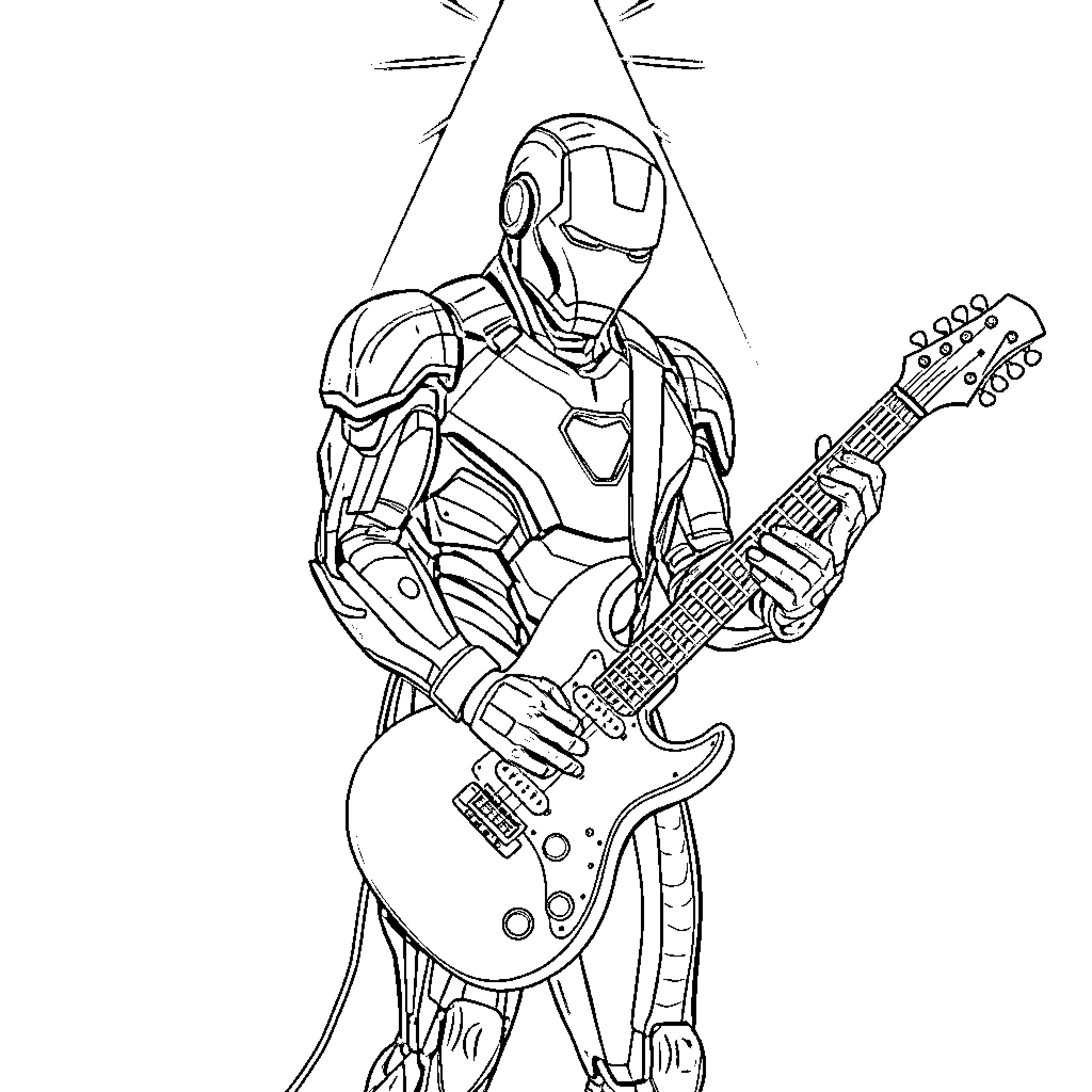 Ironman Playing Electric Guitar with Energy Blast Coloring Page (free black-and-white line drawing printable PDF for all, from beginners to advanced learners, including children, teens, adults, and seniors)