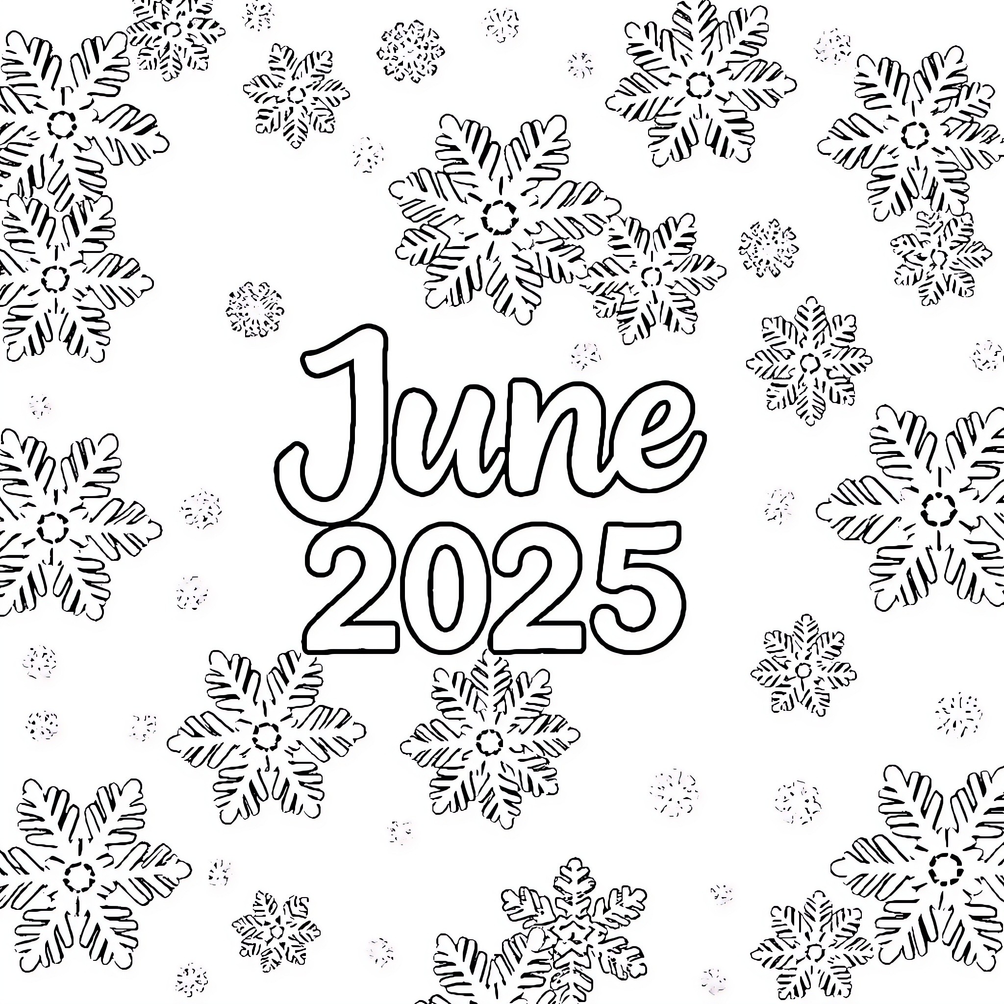 Winter snowflakes and year 2025 Coloring Page (free black-and-white line drawing printable PDF for all, from beginners to advanced learners, including children, teens, adults, and seniors)