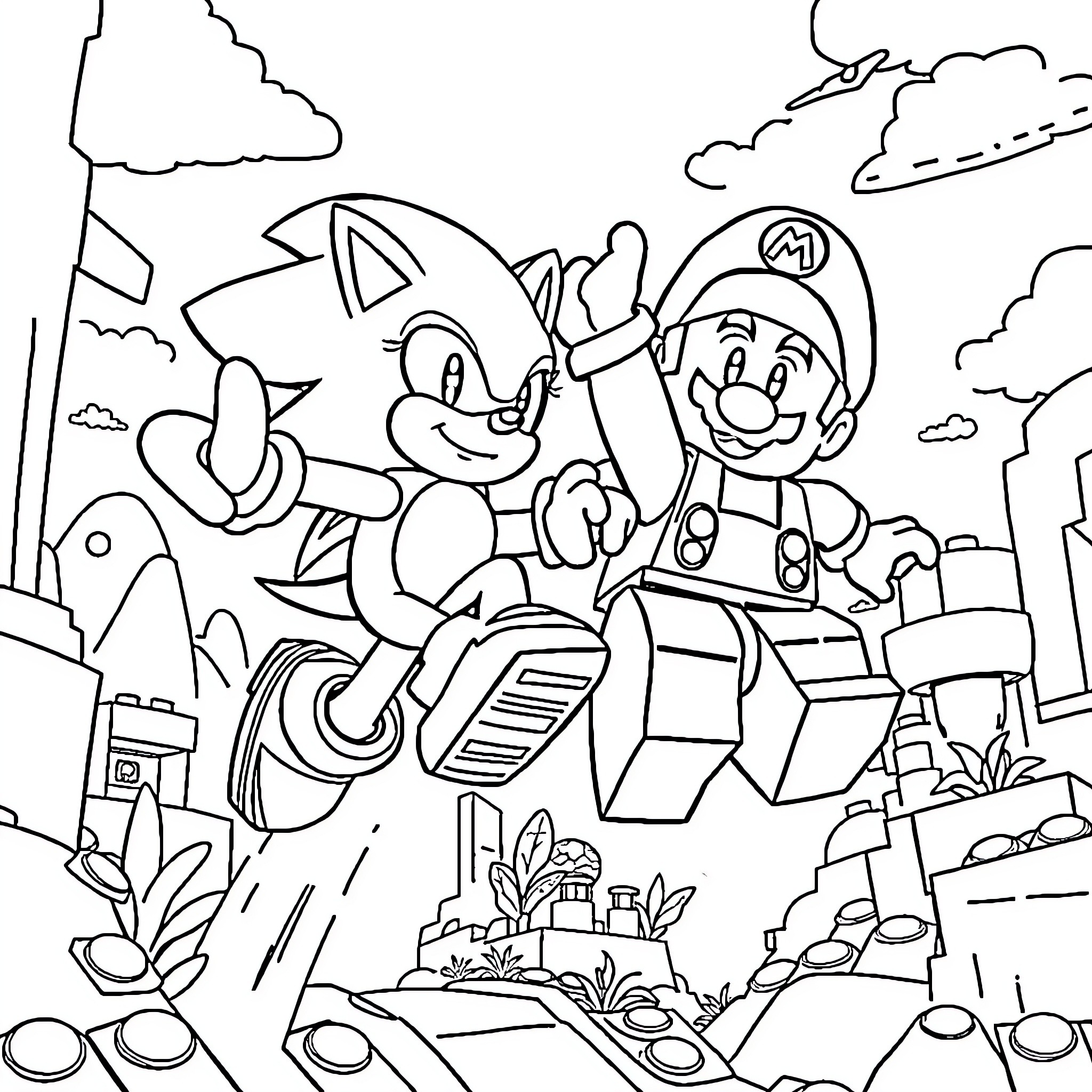 Sonic and Mario in an urban adventure Coloring Page (free black-and-white line drawing printable PDF for all, from beginners to advanced learners, including children, teens, adults, and seniors)