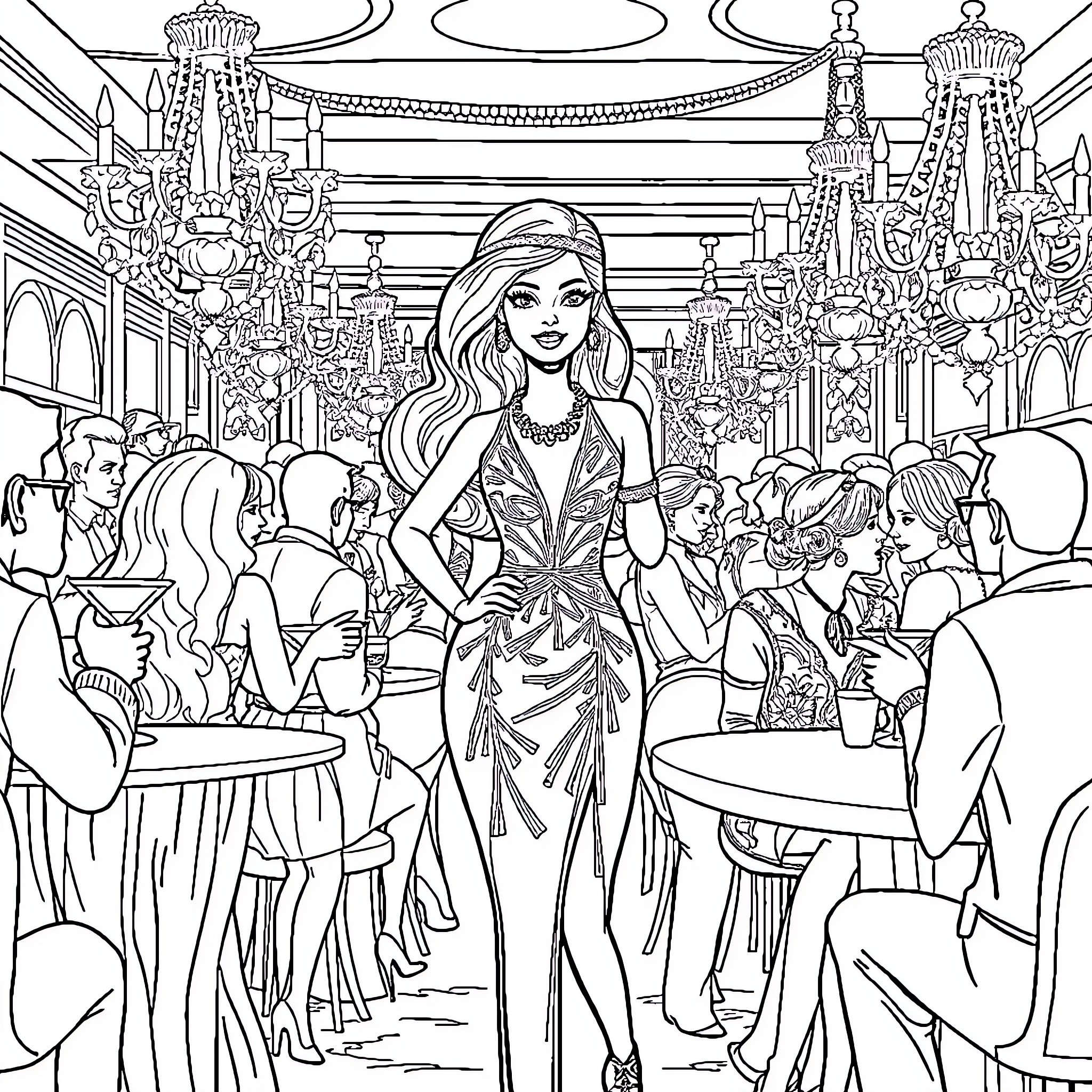 Barbie's Glamorous Soirée at the Luxurious Ballroom Coloring Page (free black-and-white line drawing printable PDF for all, from beginners to advanced learners, including children, teens, adults, and seniors)