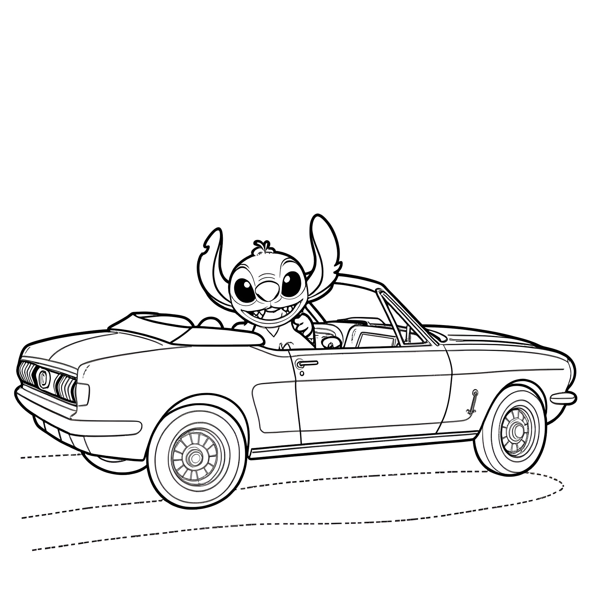 Stitch driving a convertible car joyfully Coloring Page (free black-and-white line drawing printable PDF for all, from beginners to advanced learners, including children, teens, adults, and seniors)