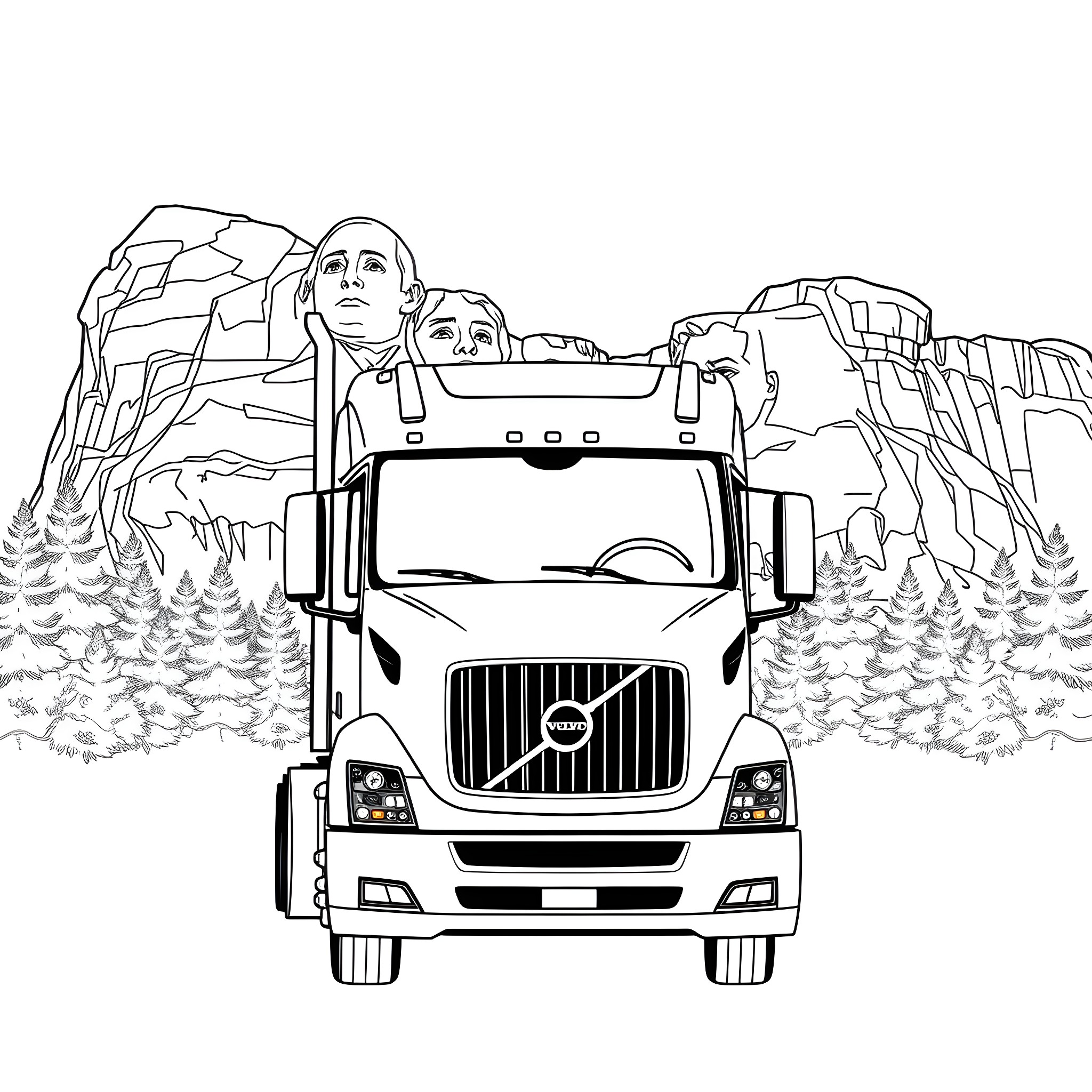 Volvo truck driving by Mount Rushmore Coloring Page (free black-and-white line drawing printable PDF for all, from beginners to advanced learners, including children, teens, adults, and seniors)