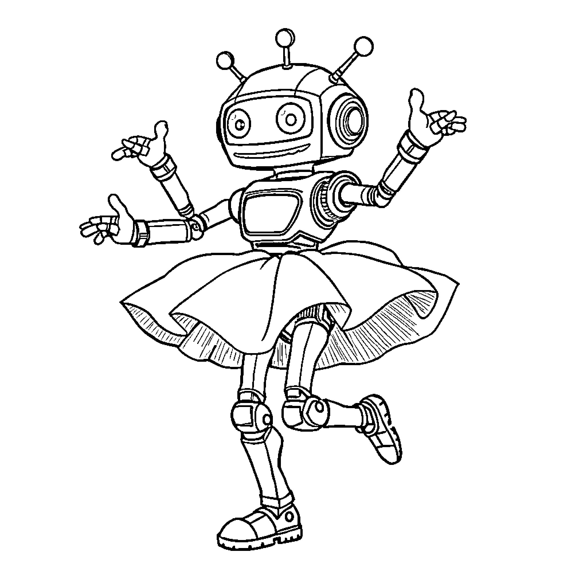Robot Dancing with Umbrella in Whimsical Pose Coloring Page (free black-and-white line drawing printable PDF for all, from beginners to advanced learners, including children, teens, adults, and seniors)