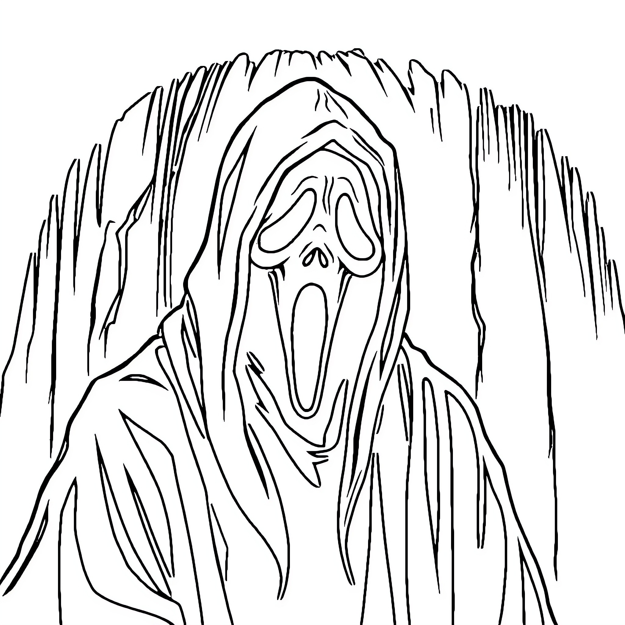 Ghostface Screaming in Dramatic Pose Coloring Page (free black-and-white line drawing printable PDF for all, from beginners to advanced learners, including children, teens, adults, and seniors)