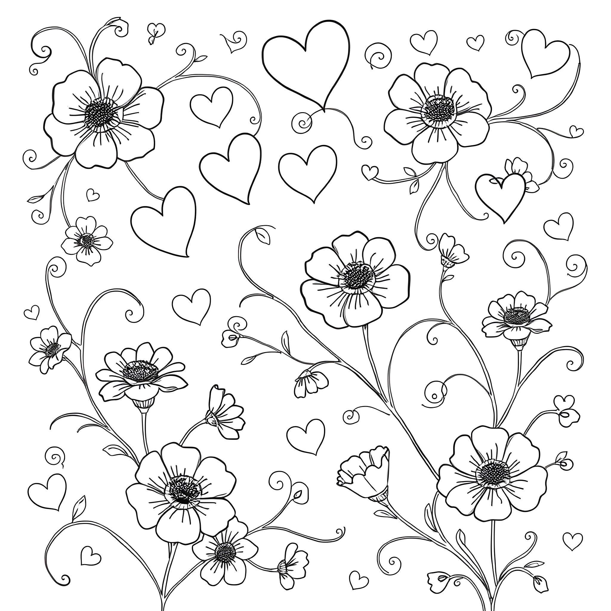 Heart-shaped flowers and leaves dancing playfully Coloring Page (free black-and-white line drawing printable PDF for all, from beginners to advanced learners, including children, teens, adults, and seniors)