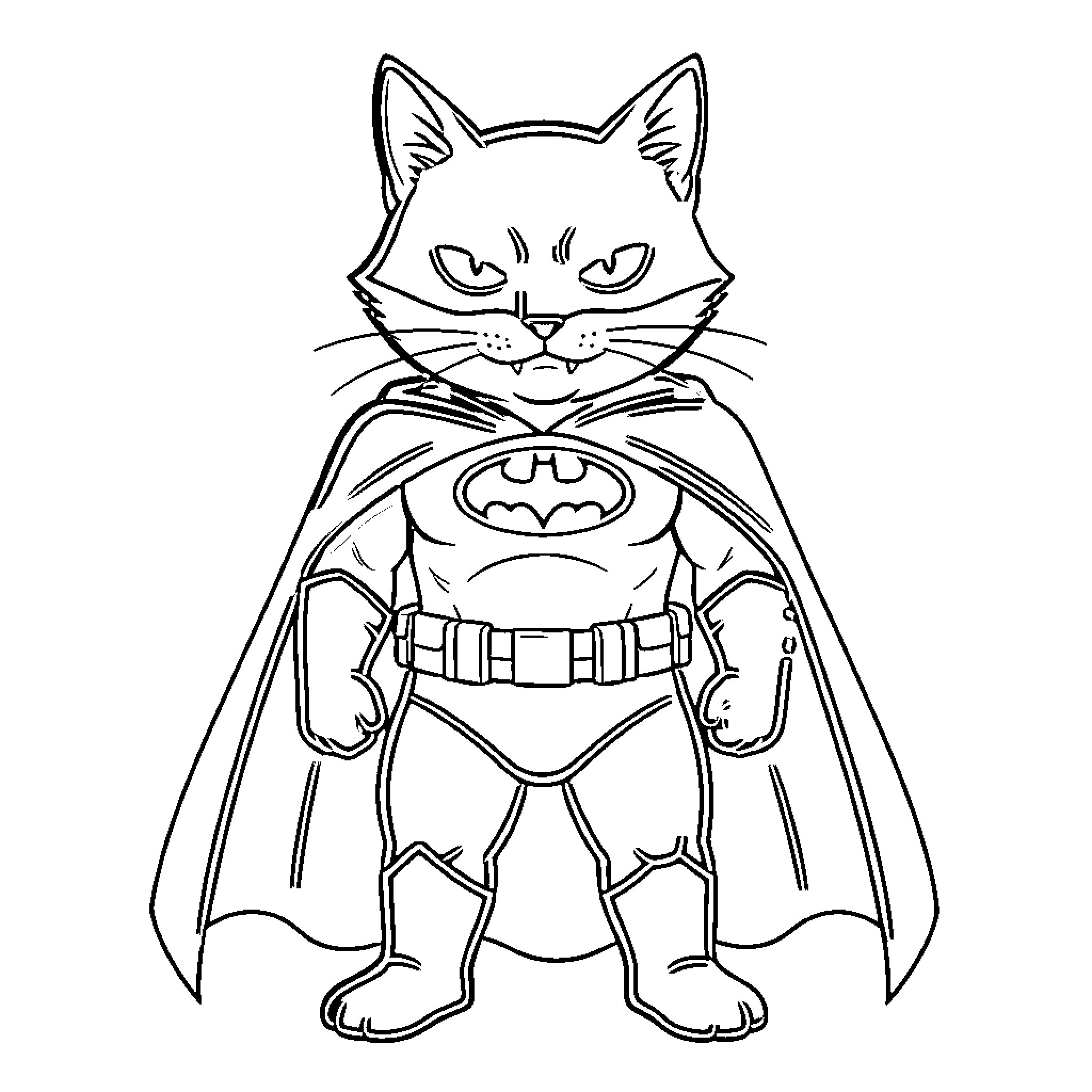 Cat in Superhero Costume Coloring Page (free black-and-white line drawing printable PDF for all, from beginners to advanced learners, including children, teens, adults, and seniors)