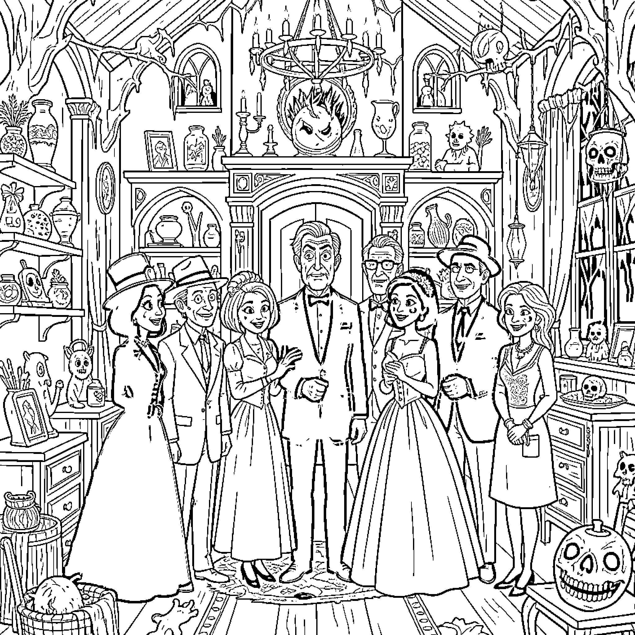 Adams Family: Formal Family Gathering in Spooky Mansion Coloring Page (free black-and-white line drawing printable PDF for all, from beginners to advanced learners, including children, teens, adults, and seniors)
