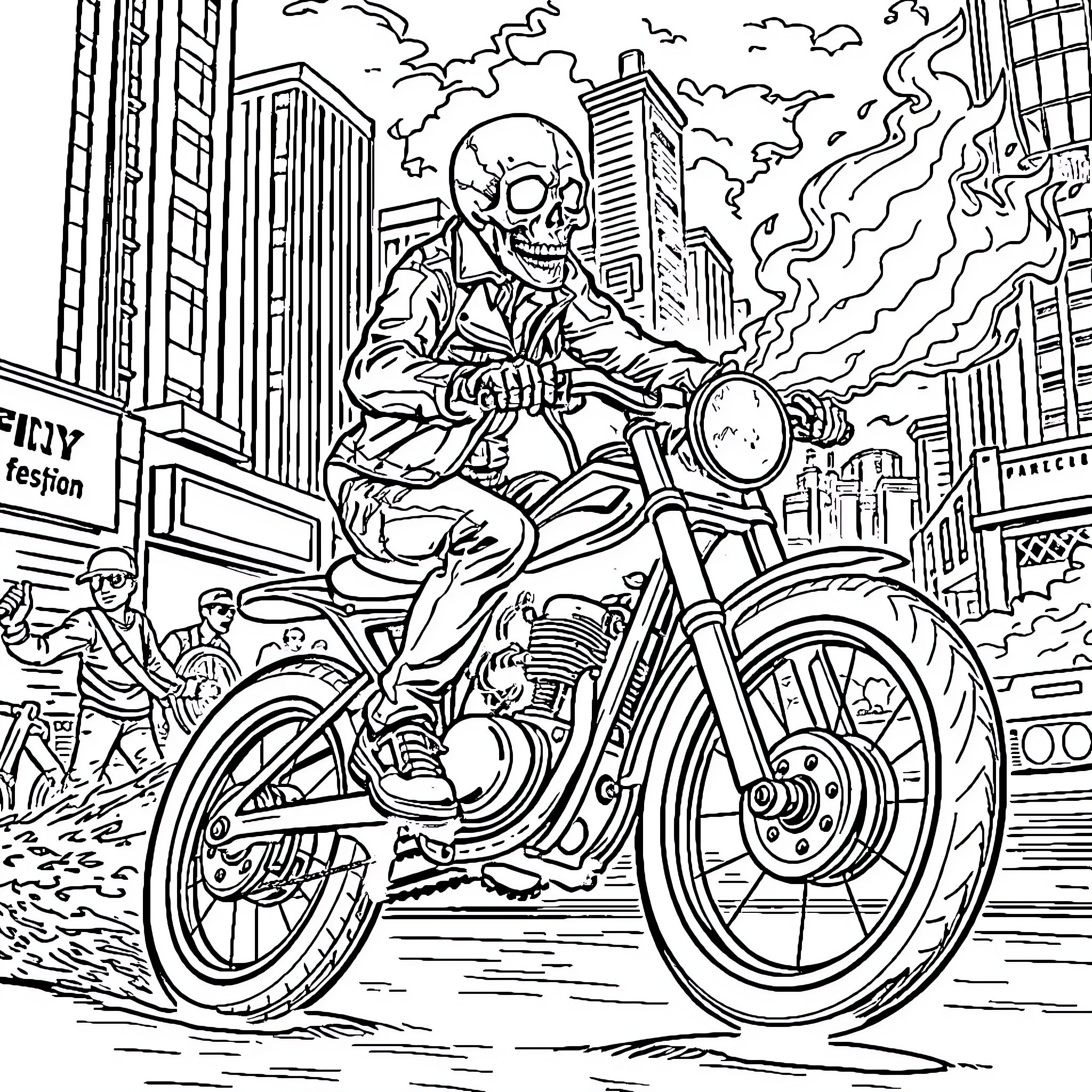 Skeleton riding motorcycle in urban scene Coloring Page (free black-and-white line drawing printable PDF for all, from beginners to advanced learners, including children, teens, adults, and seniors)