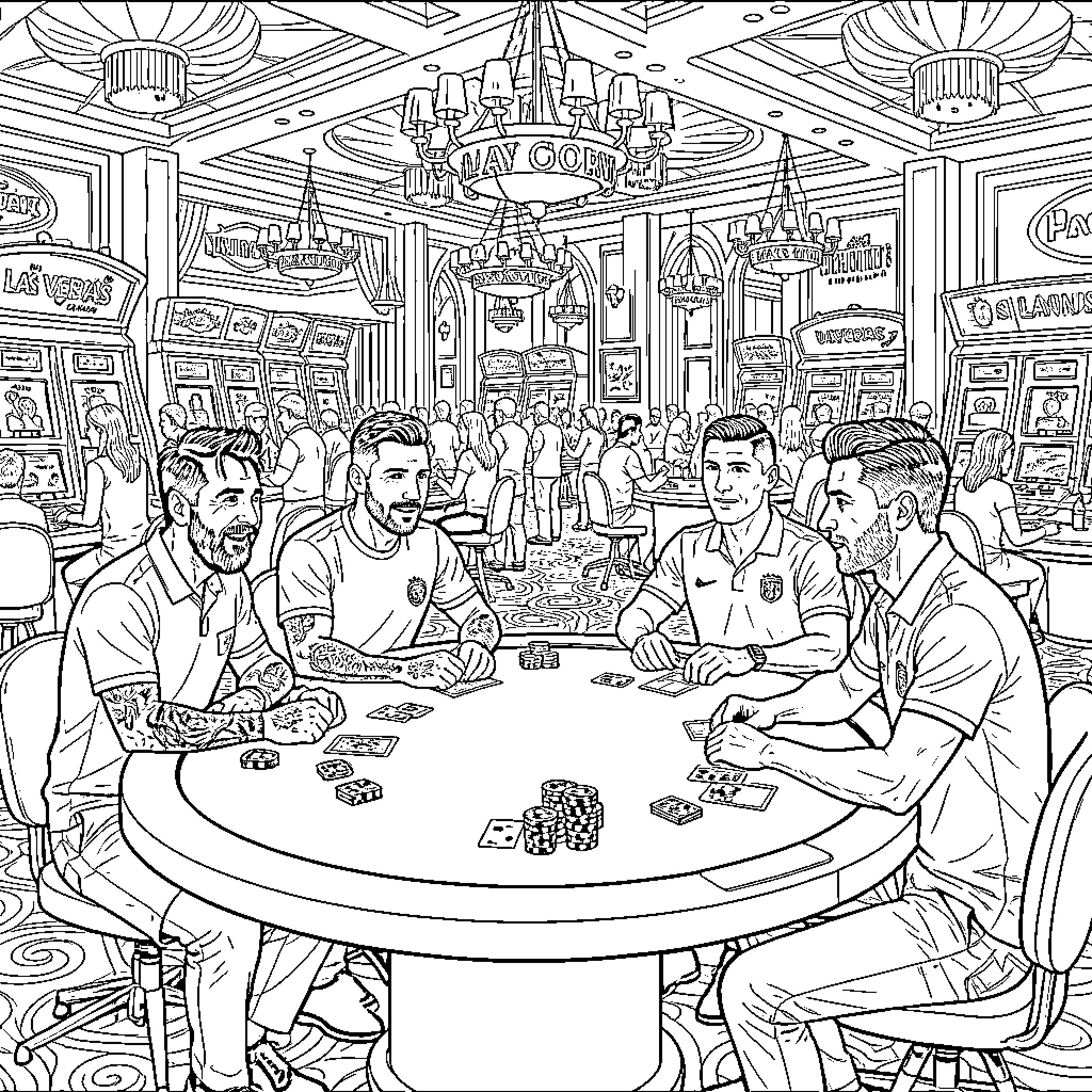 Football Player group playing cards at a casino table Coloring Page (free black-and-white line drawing printable PDF for all, from beginners to advanced learners, including children, teens, adults, and seniors)