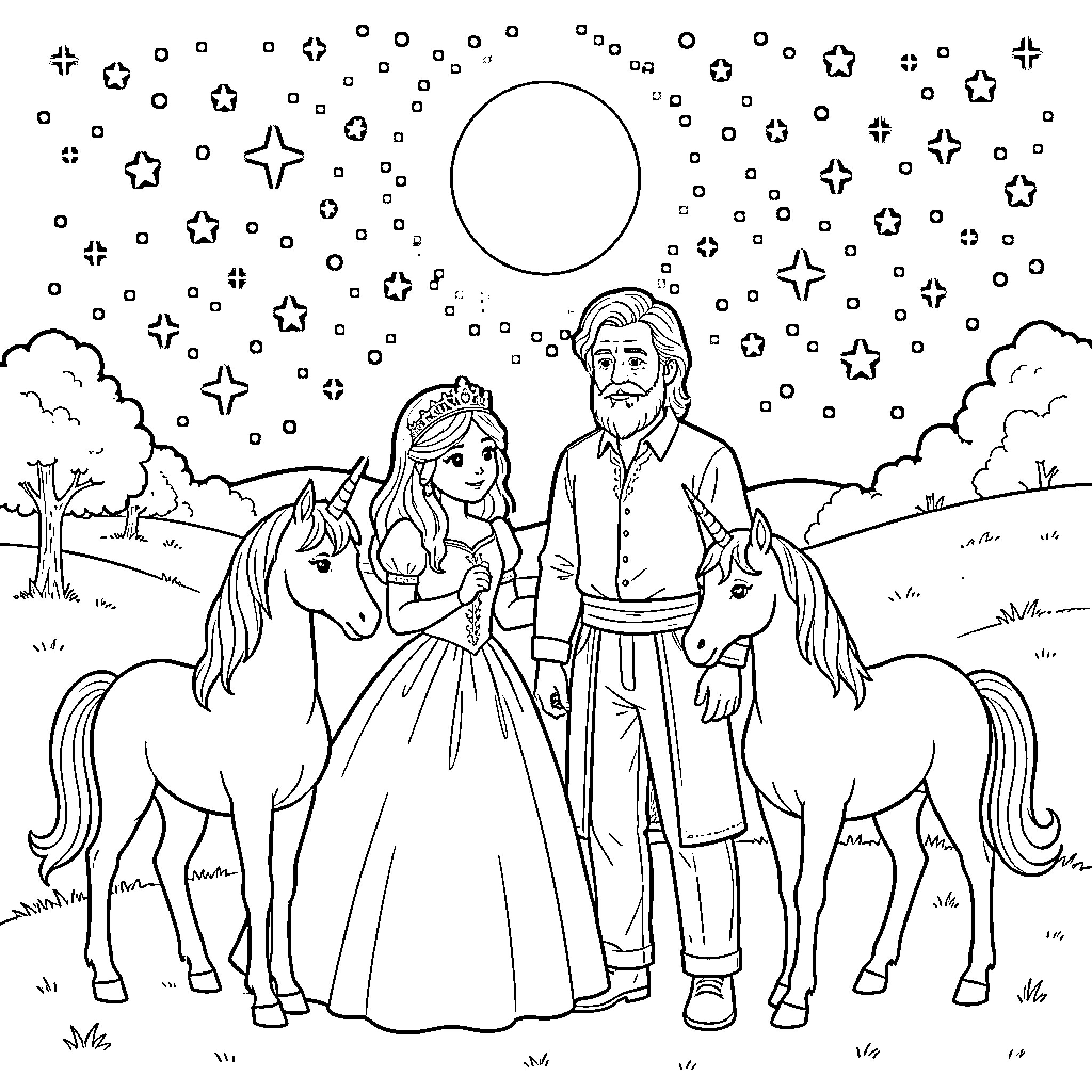 Princess standing with a king and two unicorns Coloring Page (free black-and-white line drawing printable PDF for all, from beginners to advanced learners, including children, teens, adults, and seniors)