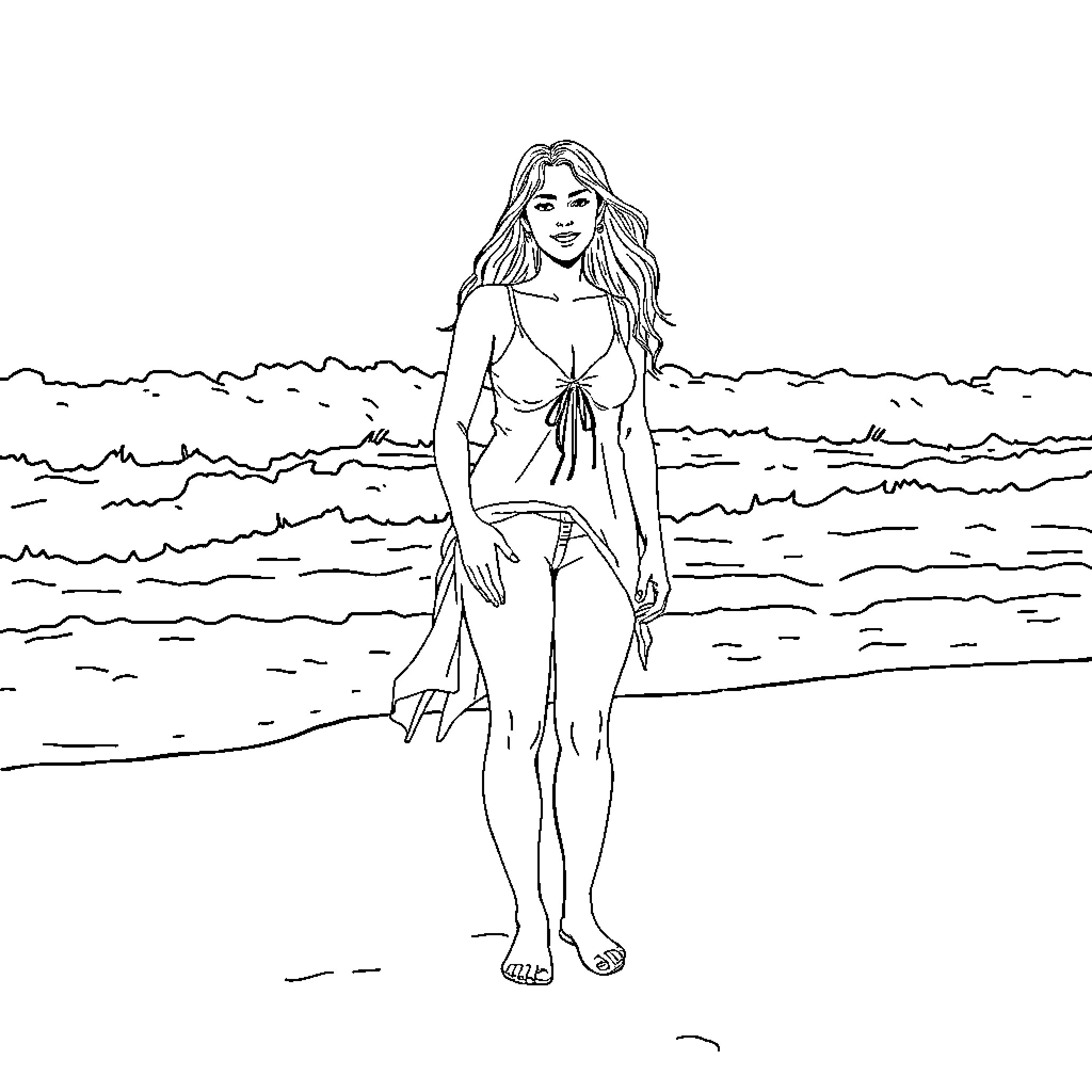 Hallie Deegan enjoying a day at the beach Coloring Page (free black-and-white line drawing printable PDF for all, from beginners to advanced learners, including children, teens, adults, and seniors)
