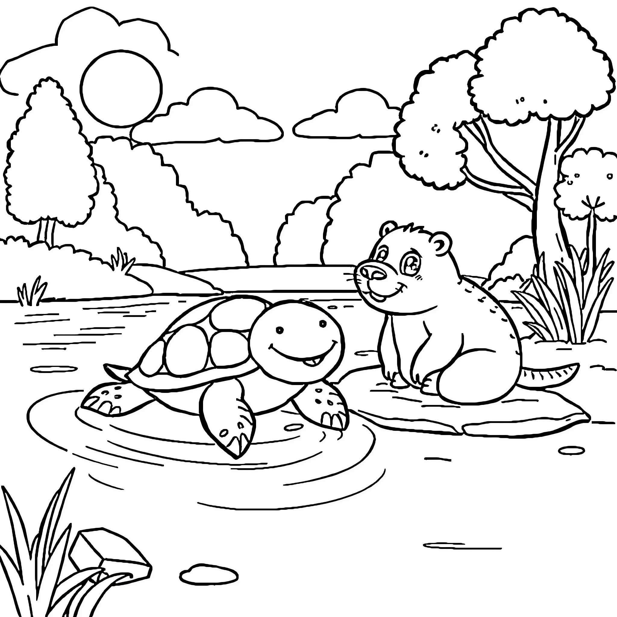 Turtle and Bear Relaxing in Scenic Nature Coloring Page (free black-and-white line drawing printable PDF for all, from beginners to advanced learners, including children, teens, adults, and seniors)