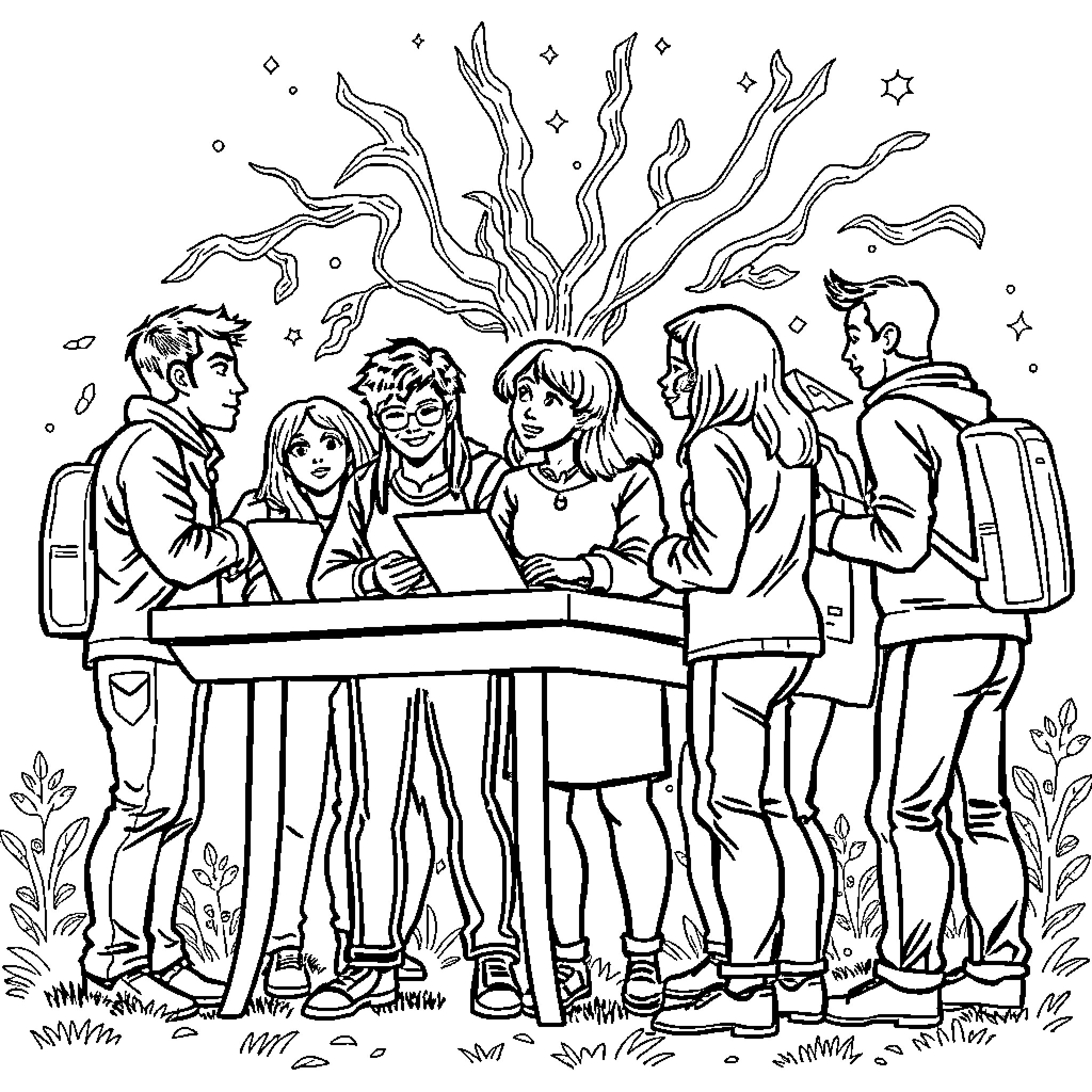 Team of students collaborating on a project Coloring Page (free black-and-white line drawing printable PDF for all, from beginners to advanced learners, including children, teens, adults, and seniors)