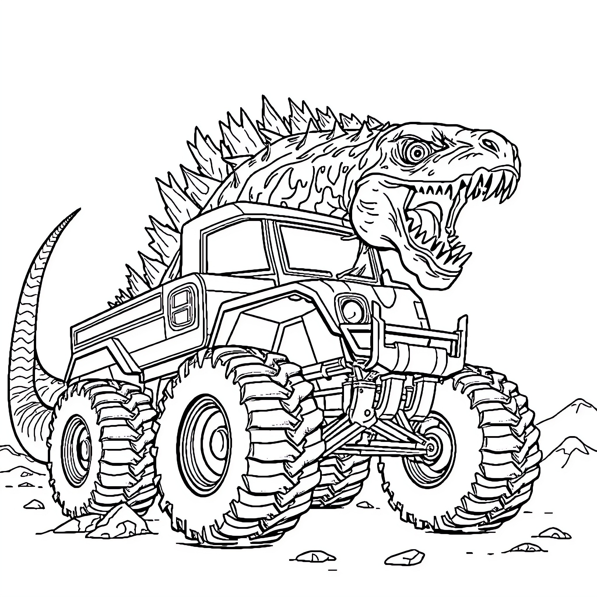 Godzilla riding a monstrous monster truck Coloring Page (free black-and-white line drawing printable PDF for all, from beginners to advanced learners, including children, teens, adults, and seniors)