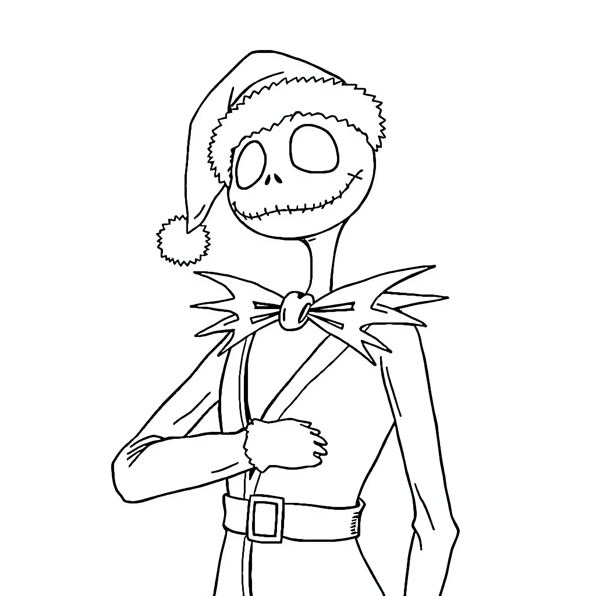 Jack Skellington in a Christmas outfit Coloring Page (free black-and-white line drawing printable PDF for all, from beginners to advanced learners, including children, teens, adults, and seniors)