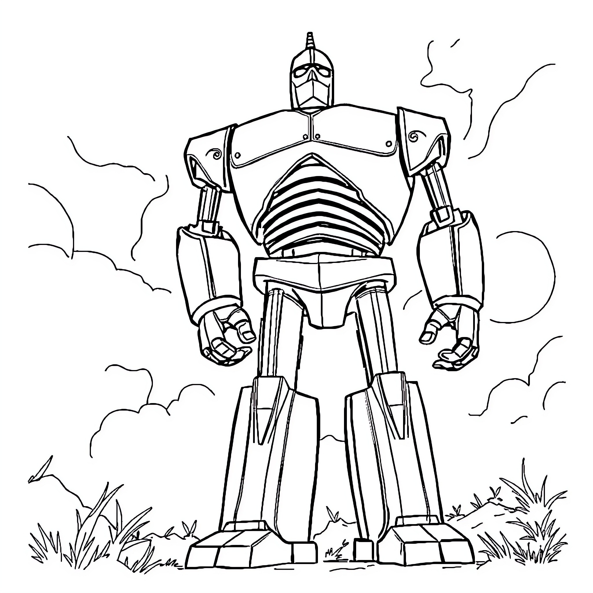 Iron Giant standing amidst nature Coloring Page (free black-and-white line drawing printable PDF for all, from beginners to advanced learners, including children, teens, adults, and seniors)