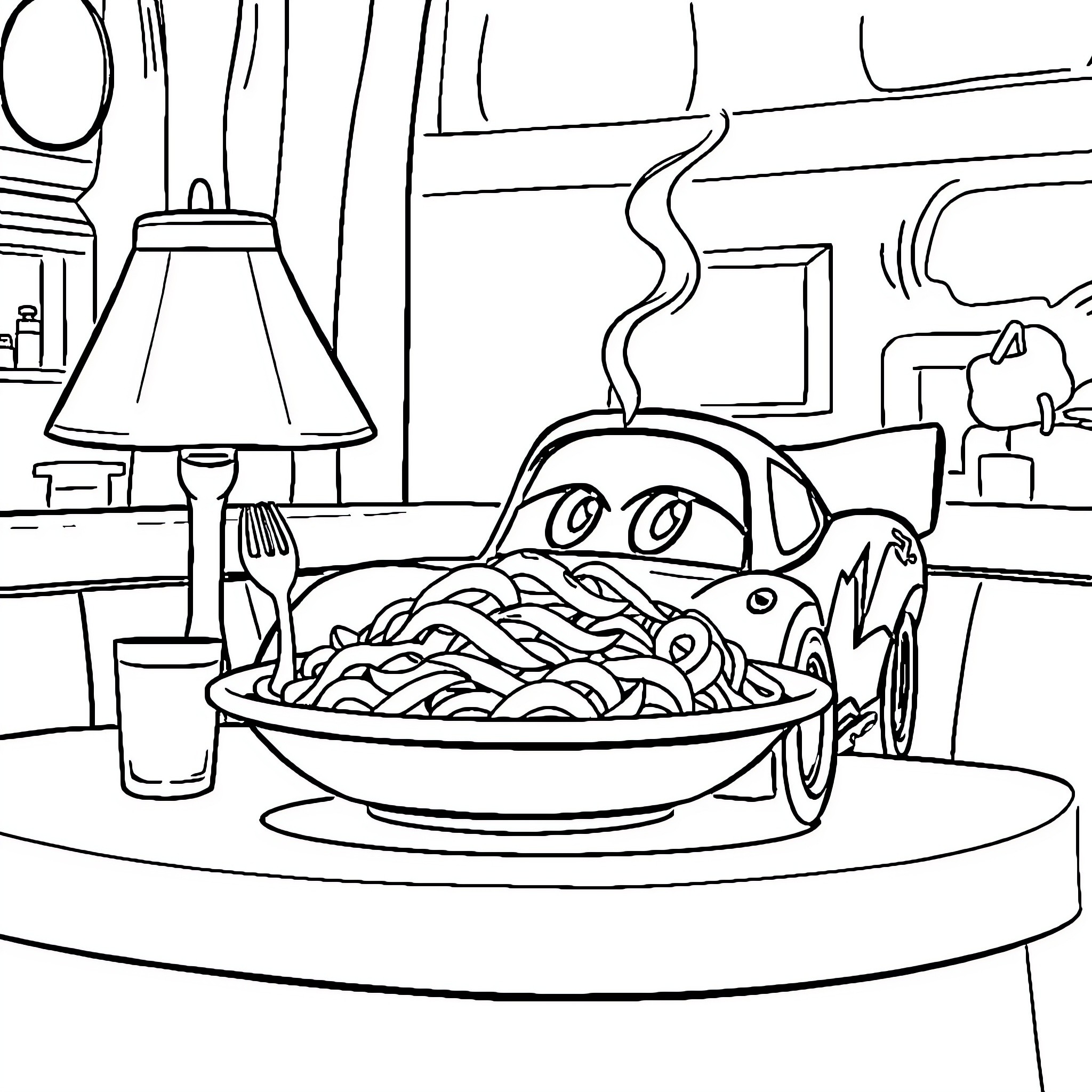 Lightning McQueen enjoying a warm meal at home Coloring Page (free black-and-white line drawing printable PDF for all, from beginners to advanced learners, including children, teens, adults, and seniors)