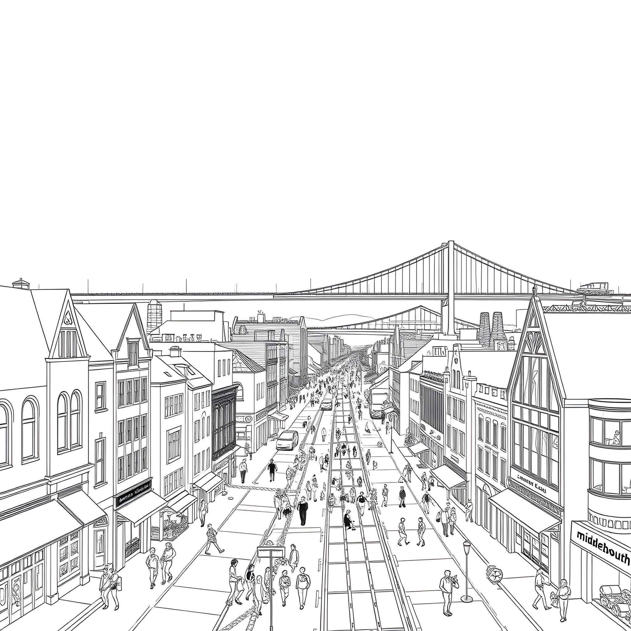 Middlesbrough city street with people and architecture Coloring Page (free black-and-white line drawing printable PDF for all, from beginners to advanced learners, including children, teens, adults, and seniors)
