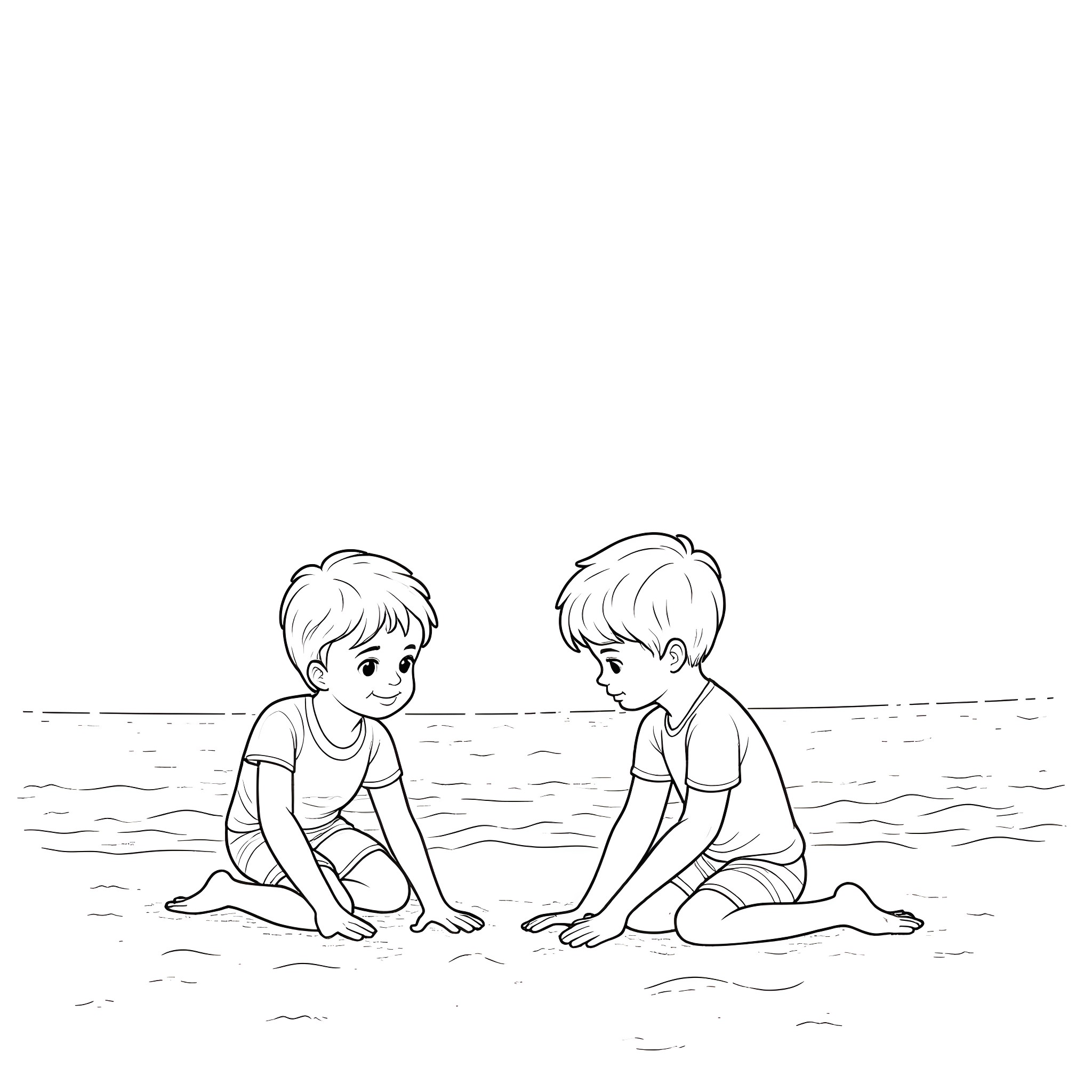 Boy building sandcastle with friend on the beach Coloring Page (free black-and-white line drawing printable PDF for all, from beginners to advanced learners, including children, teens, adults, and seniors)