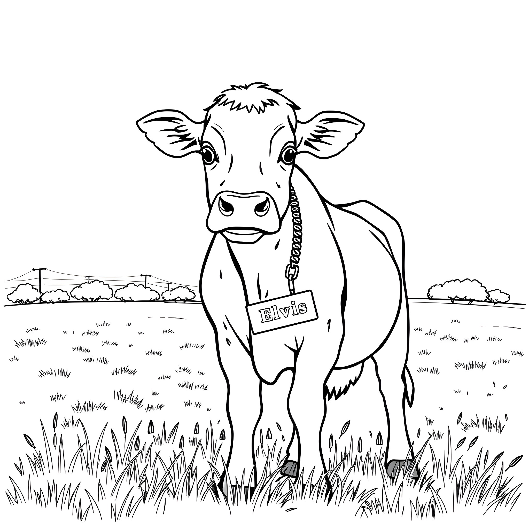 Cow standing in a grassy field Coloring Page (free black-and-white line drawing printable PDF for all, from beginners to advanced learners, including children, teens, adults, and seniors)