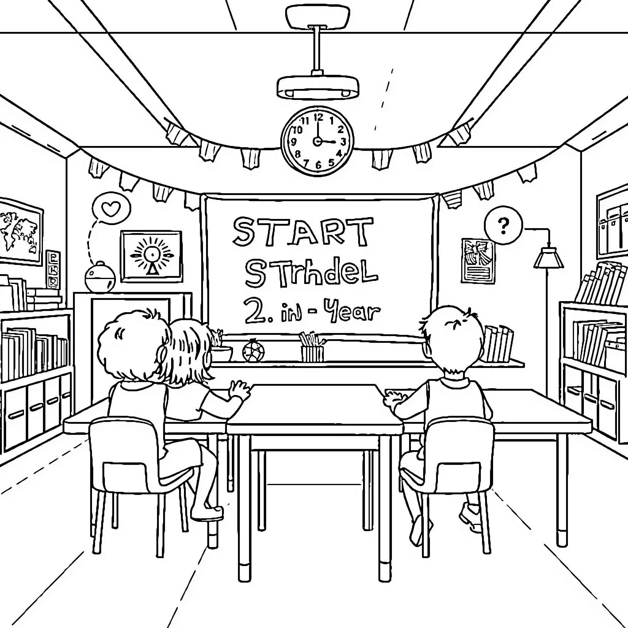 School students studying in the classroom Coloring Page (free black-and-white line drawing printable PDF for all, from beginners to advanced learners, including children, teens, adults, and seniors)