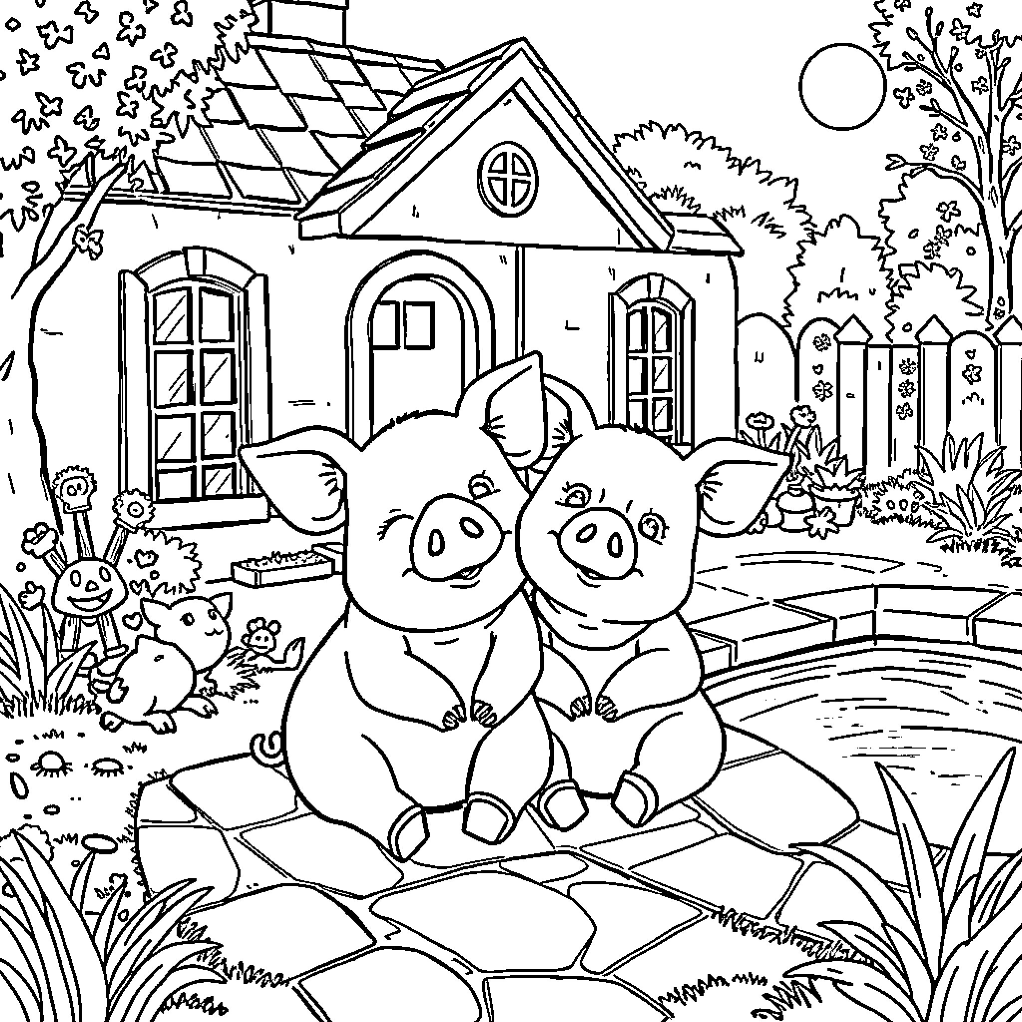 Pig friends enjoying the cozy farmhouse scene Coloring Page (free black-and-white line drawing printable PDF for all, from beginners to advanced learners, including children, teens, adults, and seniors)