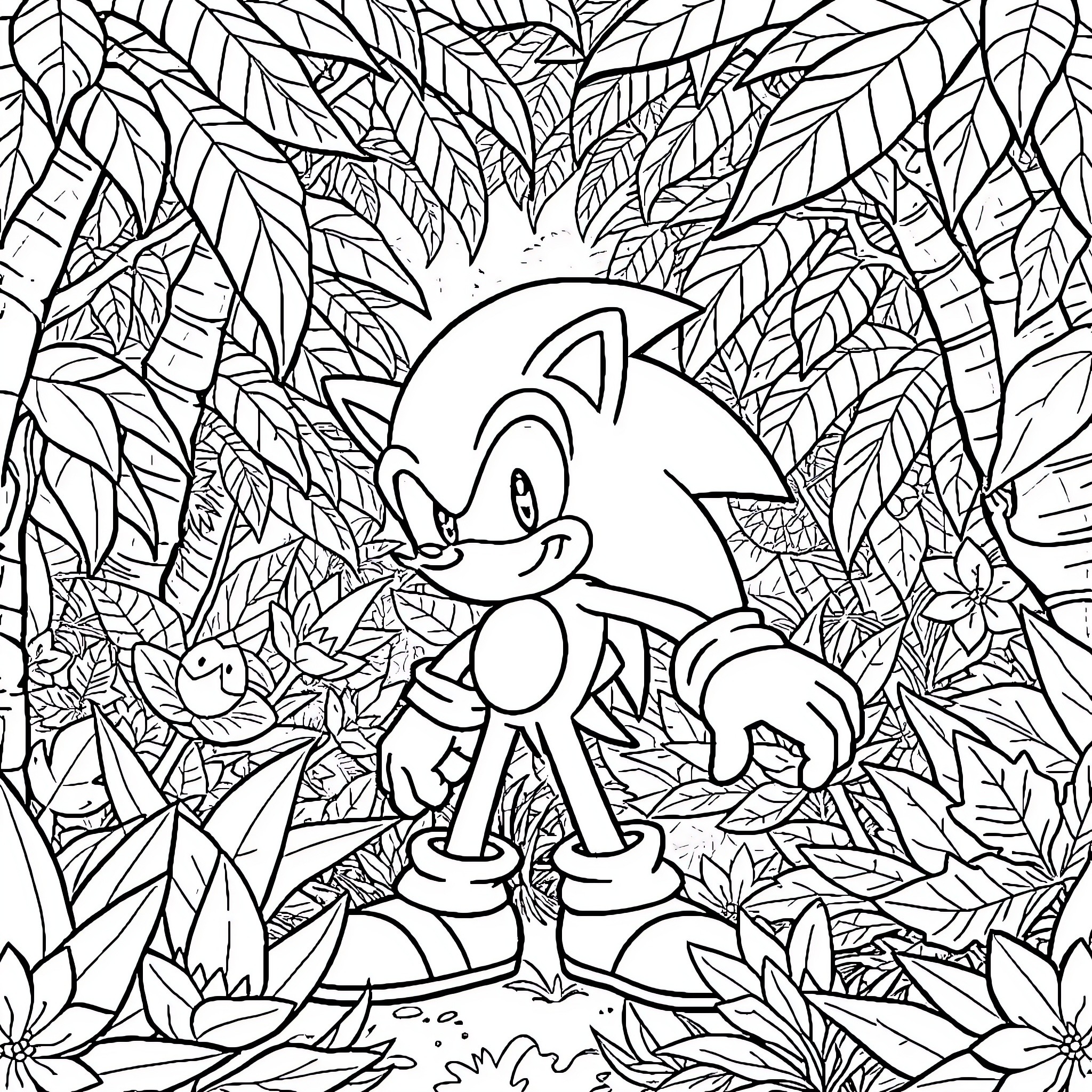 Sonic the Hedgehog exploring the lush foliage Coloring Page (free black-and-white line drawing printable PDF for all, from beginners to advanced learners, including children, teens, adults, and seniors)