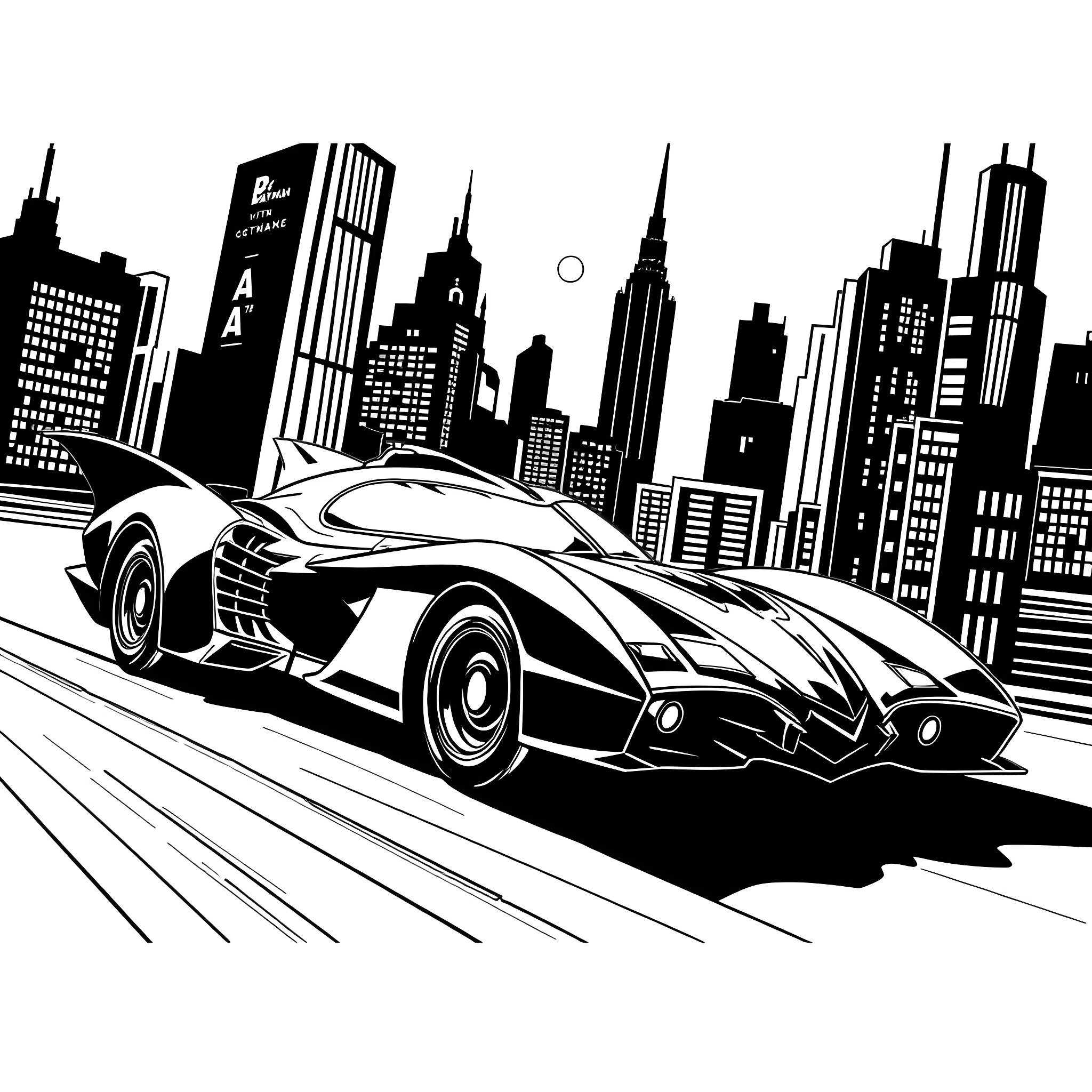 Bat Mobile speeding through the city Coloring Page (free black-and-white line drawing printable PDF for all, from beginners to advanced learners, including children, teens, adults, and seniors)