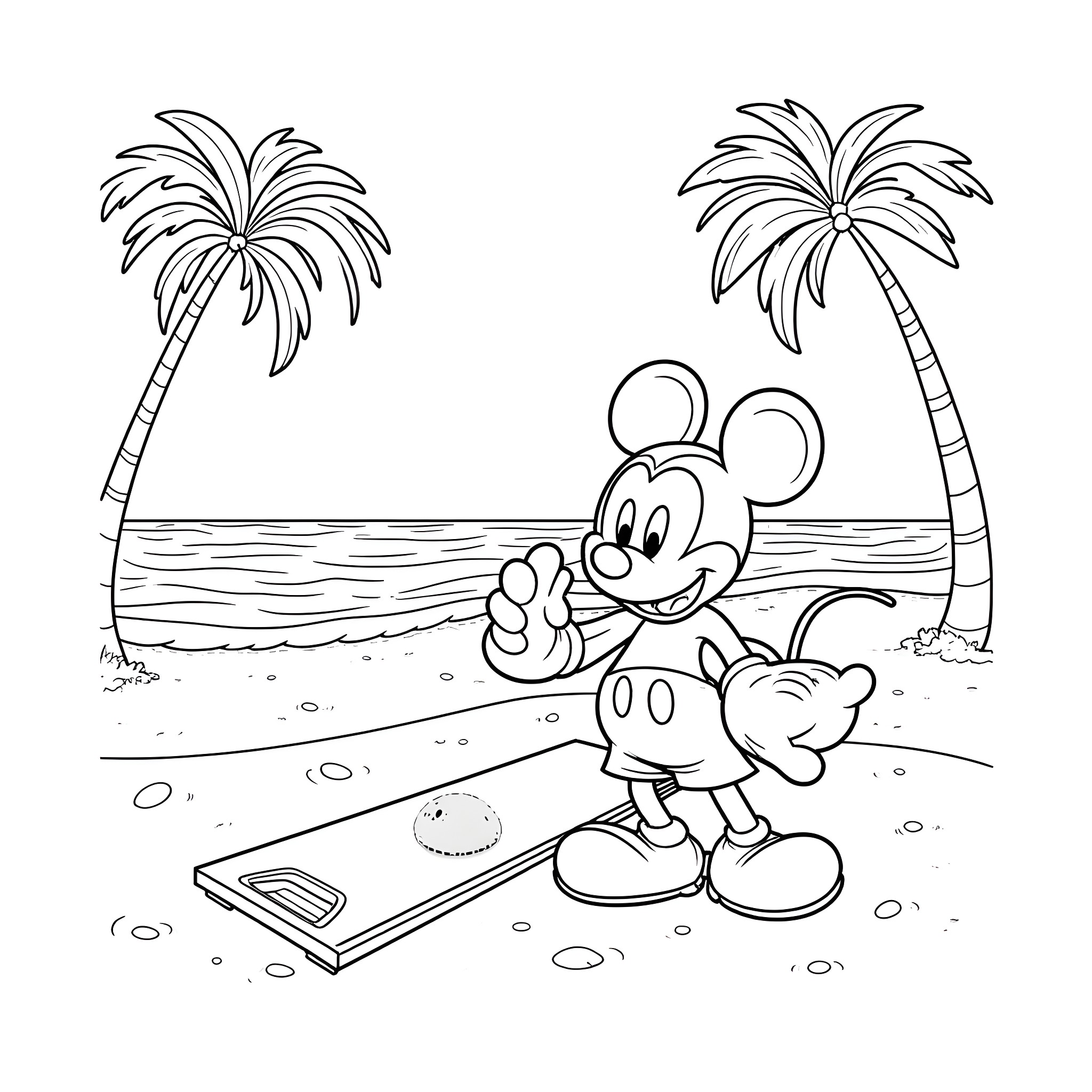 Mickey Mouse relaxing on the beach Coloring Page (free black-and-white line drawing printable PDF for all, from beginners to advanced learners, including children, teens, adults, and seniors)