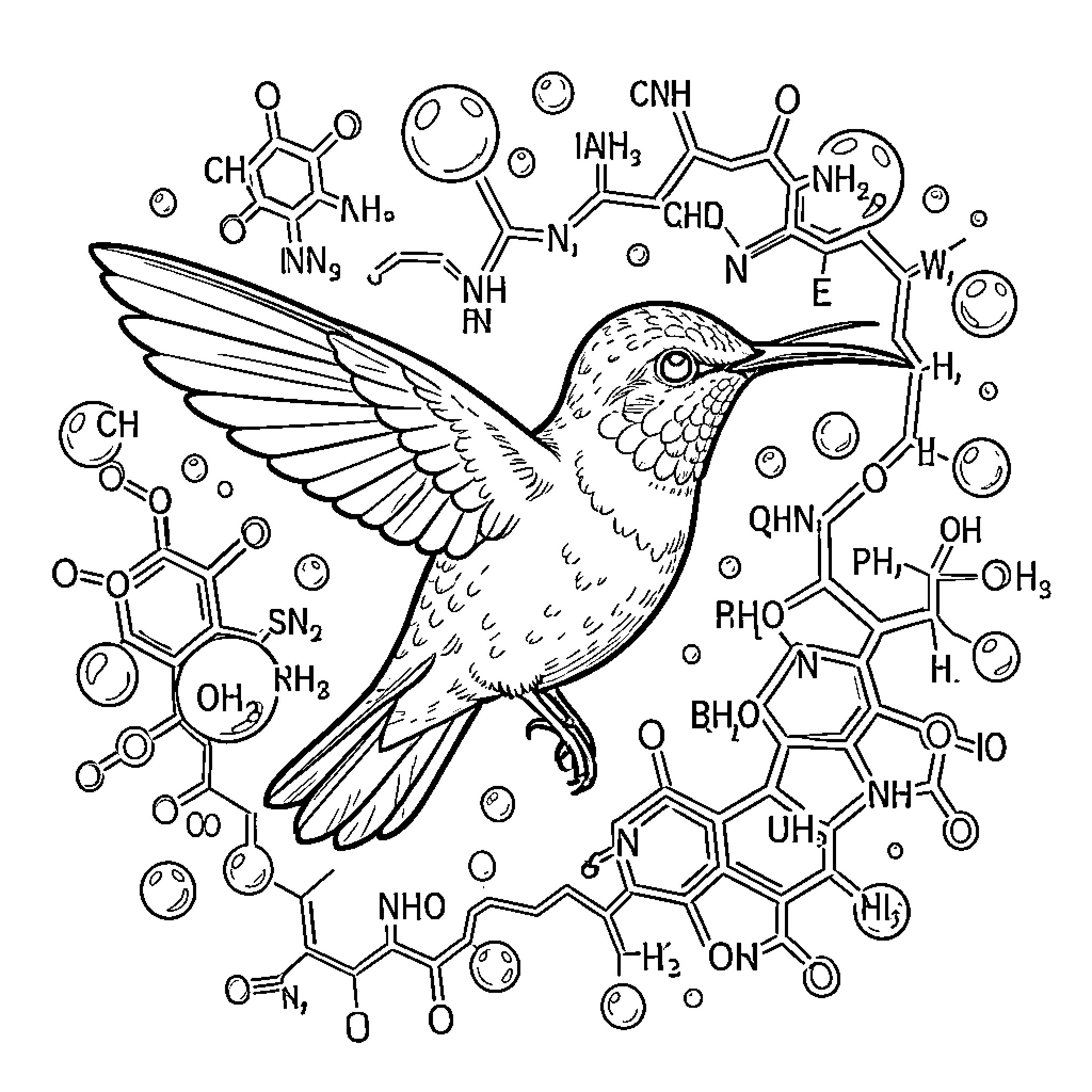 Colibri hovering near chemical structures Coloring Page (free black-and-white line drawing printable PDF for all, from beginners to advanced learners, including children, teens, adults, and seniors)