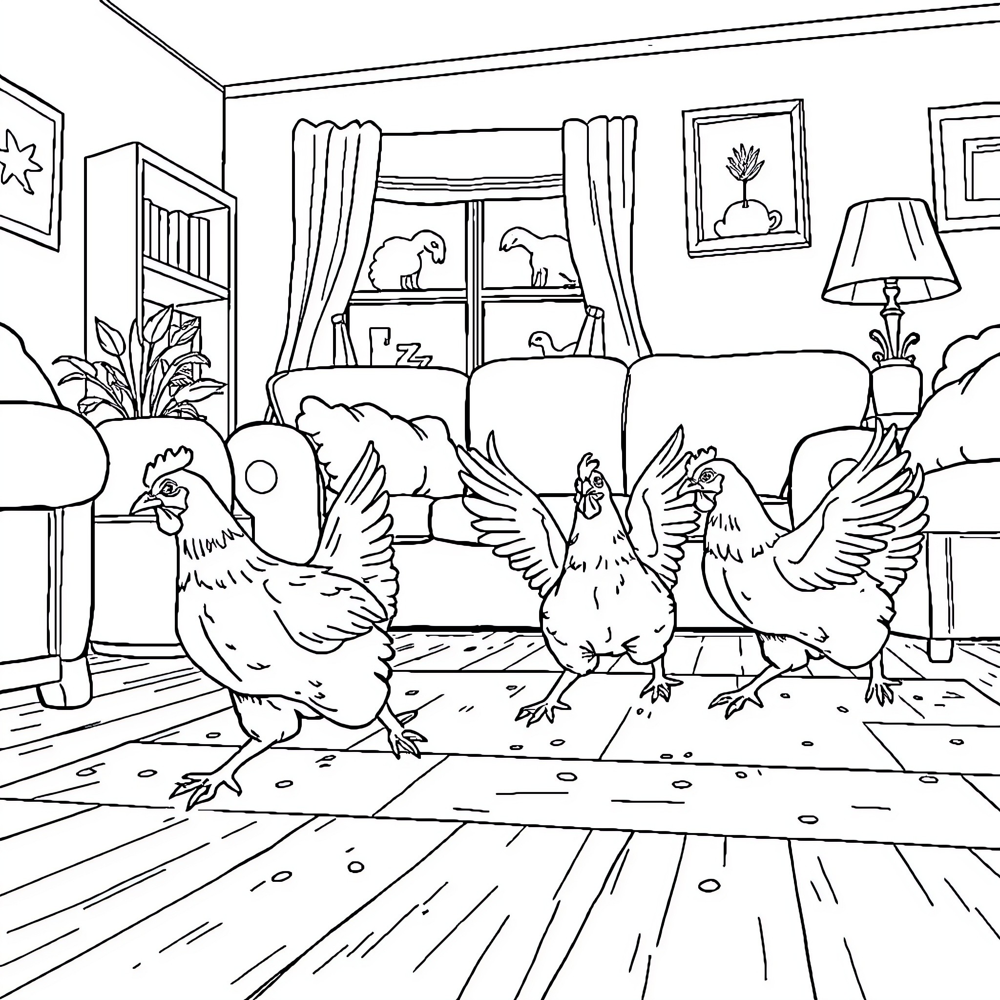 Chicken strutting confidently in a cozy indoor setting Coloring Page (free black-and-white line drawing printable PDF for all, from beginners to advanced learners, including children, teens, adults, and seniors)