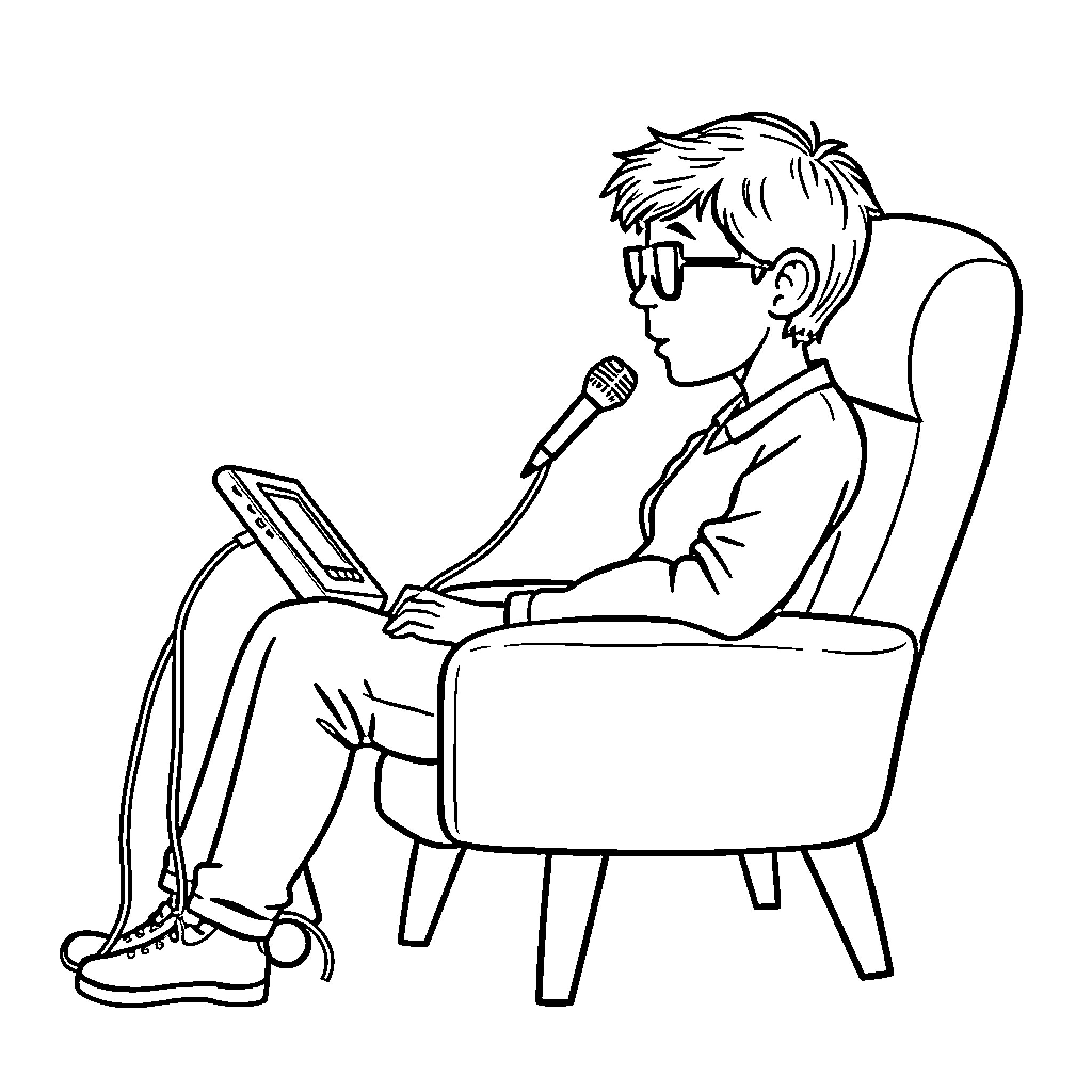 Person sitting at computer and speaking into microphone Coloring Page (free black-and-white line drawing printable PDF for all, from beginners to advanced learners, including children, teens, adults, and seniors)