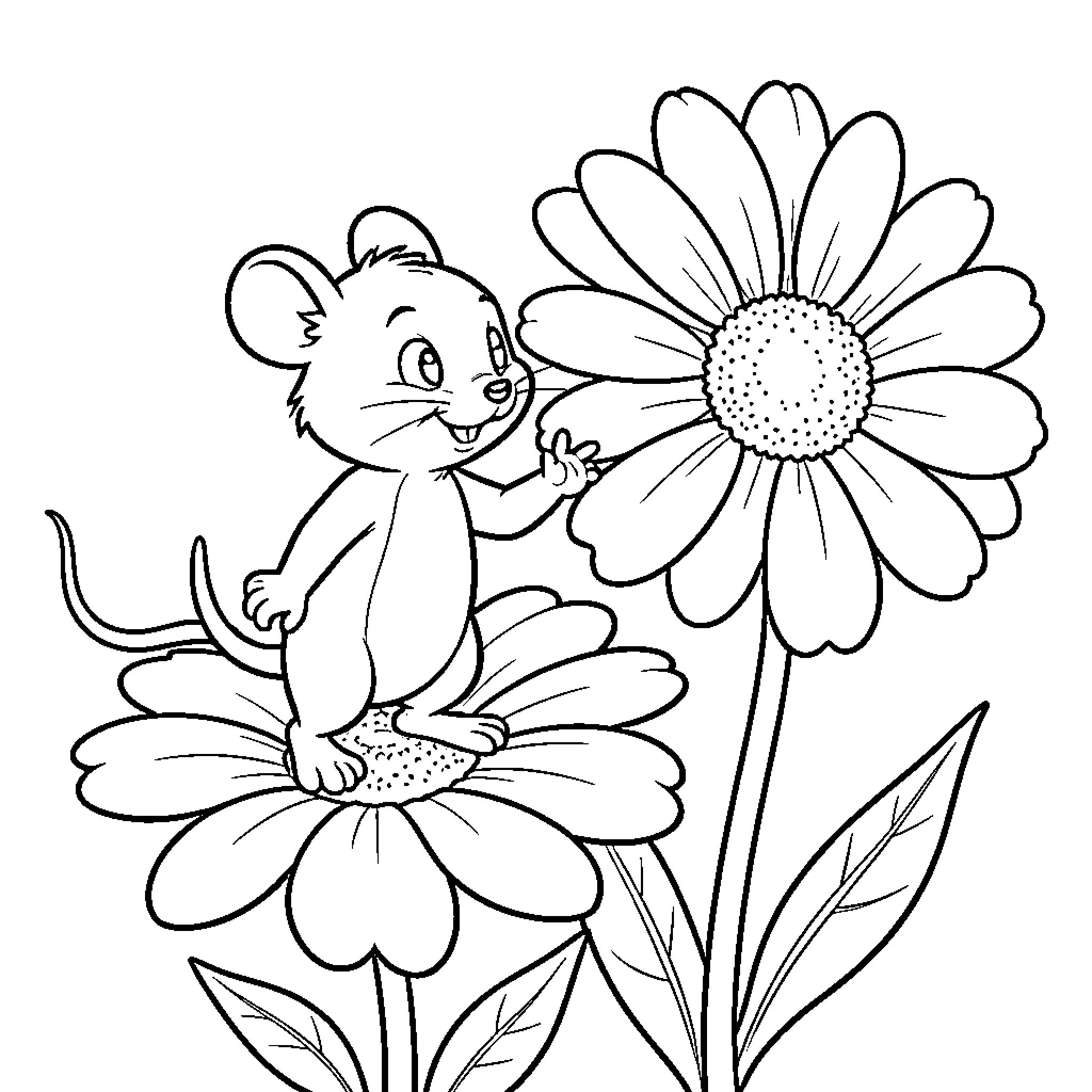 Mouse smiling while exploring large daisies Coloring Page (free black-and-white line drawing printable PDF for all, from beginners to advanced learners, including children, teens, adults, and seniors)
