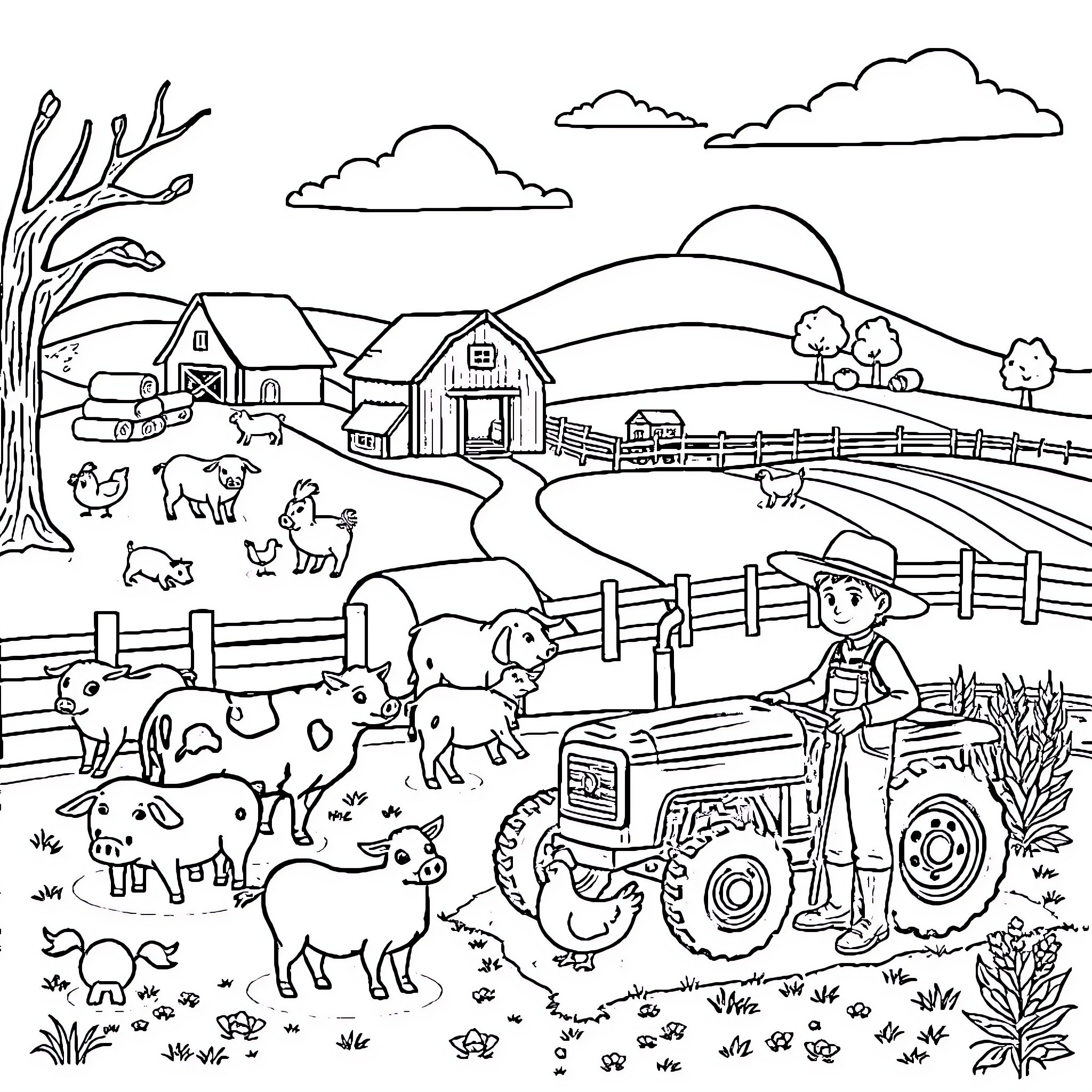 Farm scene with animals and tractor Coloring Page (free black-and-white line drawing printable PDF for all, from beginners to advanced learners, including children, teens, adults, and seniors)
