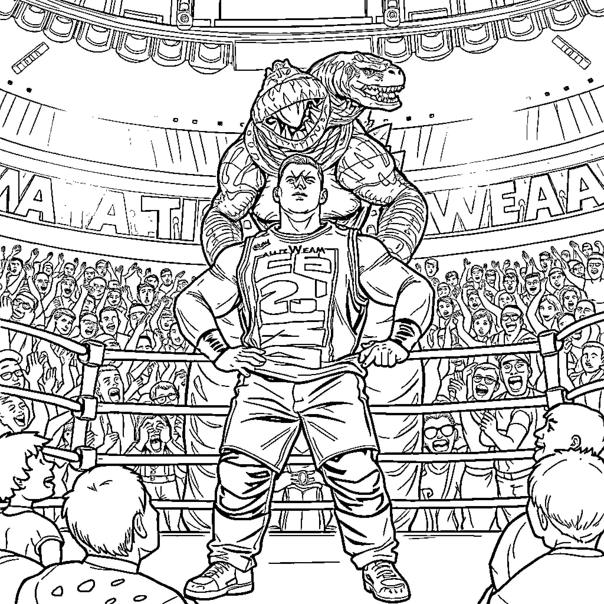 John Cena wrestling in a dramatic arena Coloring Page (free black-and-white line drawing printable PDF for all, from beginners to advanced learners, including children, teens, adults, and seniors)
