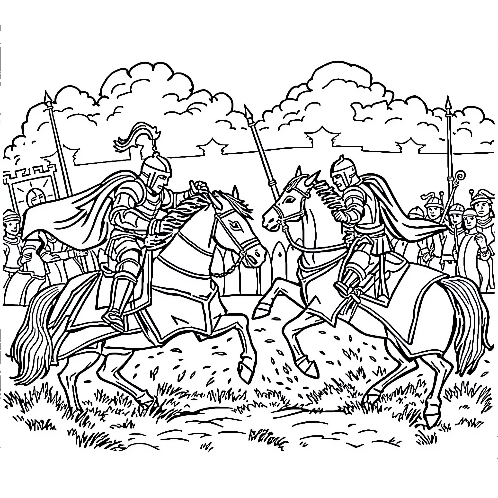 Knight Leading Soldiers on Horseback in Battle Coloring Page (free black-and-white line drawing printable PDF for all, from beginners to advanced learners, including children, teens, adults, and seniors)