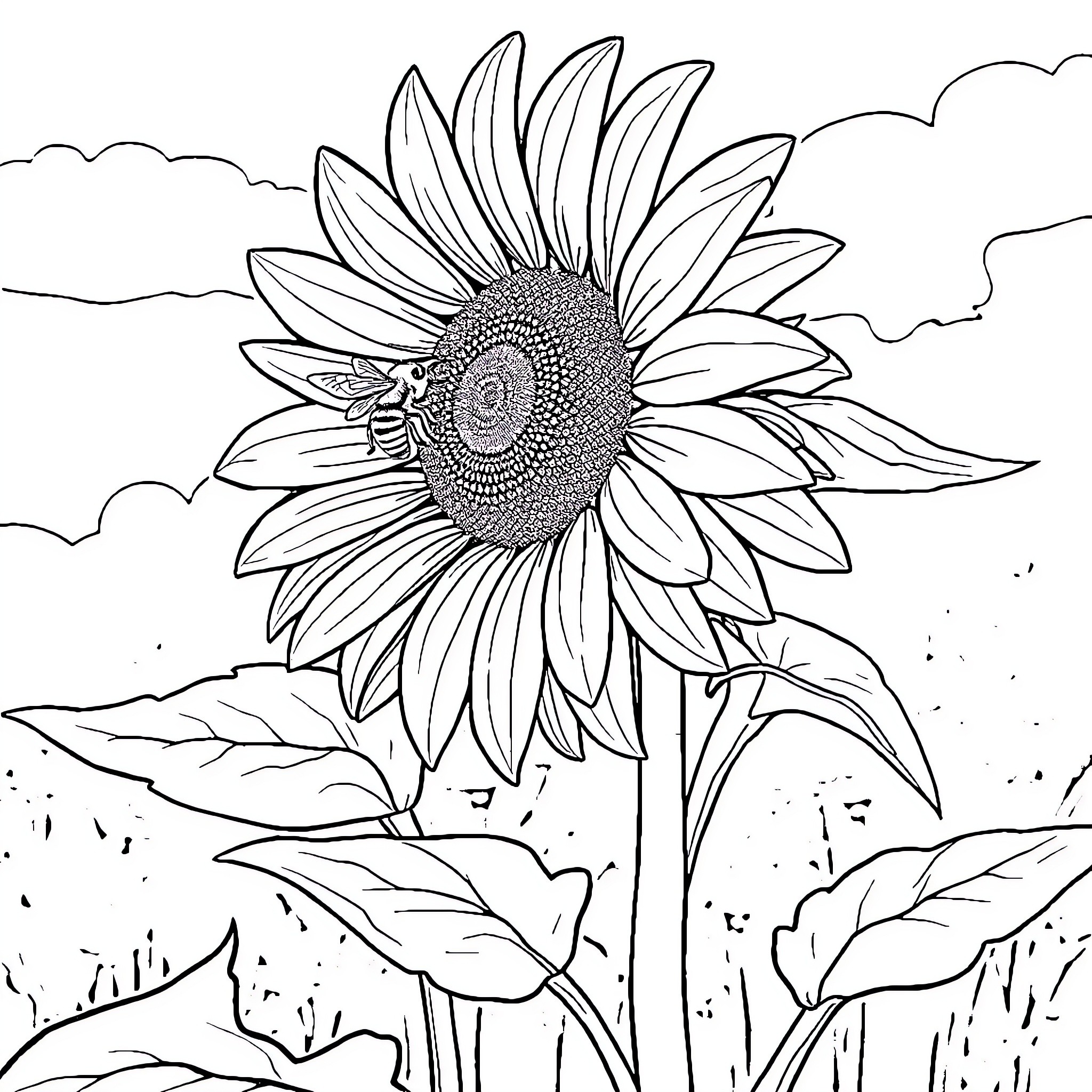 Sunflower in a Tranquil Landscape Coloring Page (free black-and-white line drawing printable PDF for all, from beginners to advanced learners, including children, teens, adults, and seniors)
