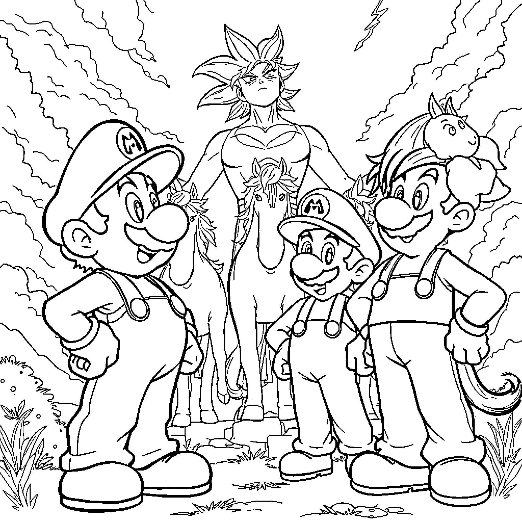 Mario Bros in a Fantastical Adventure Coloring Page (free black-and-white line drawing printable PDF for all, from beginners to advanced learners, including children, teens, adults, and seniors)