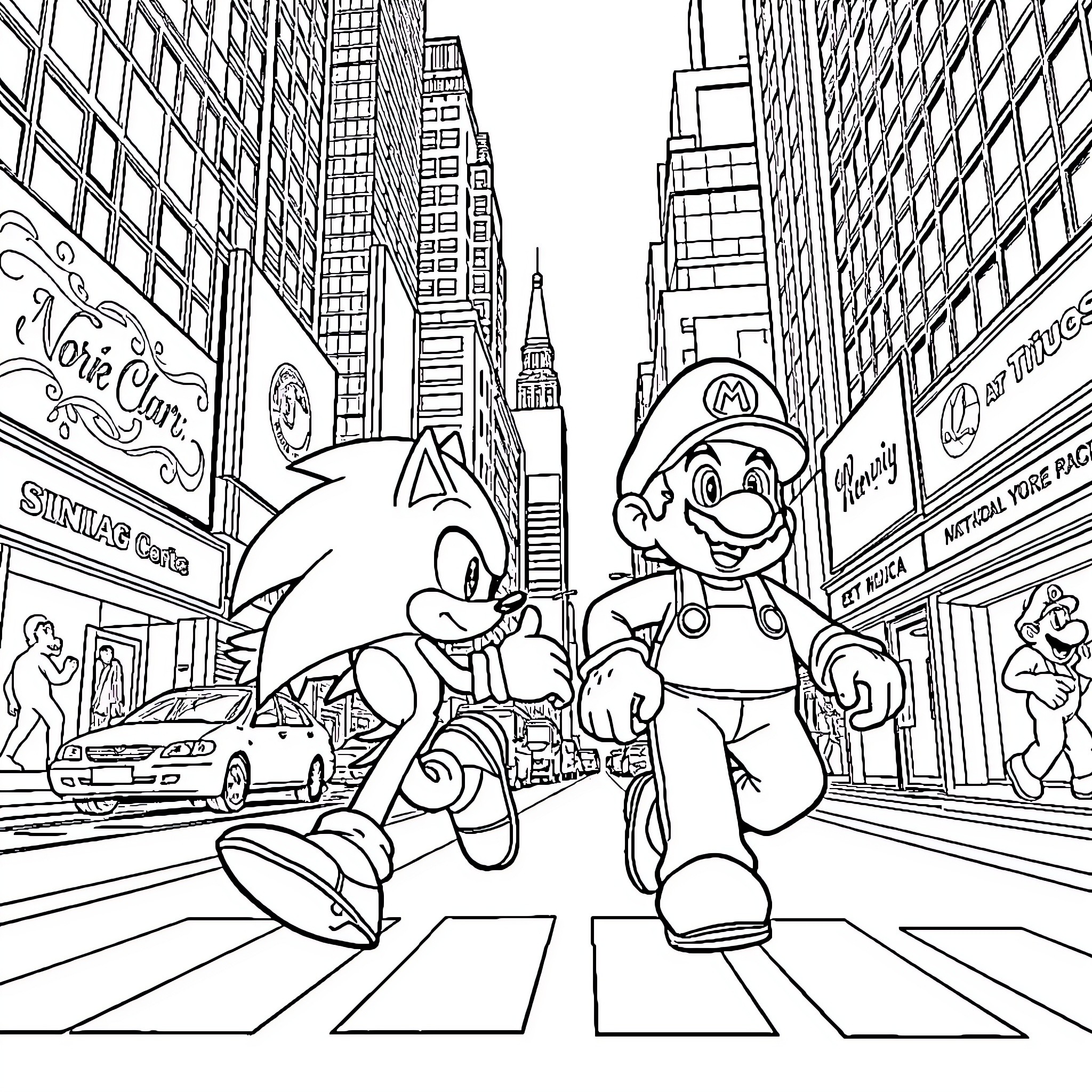 Sonic and Mario explore the bustling city Coloring Page (free black-and-white line drawing printable PDF for all, from beginners to advanced learners, including children, teens, adults, and seniors)