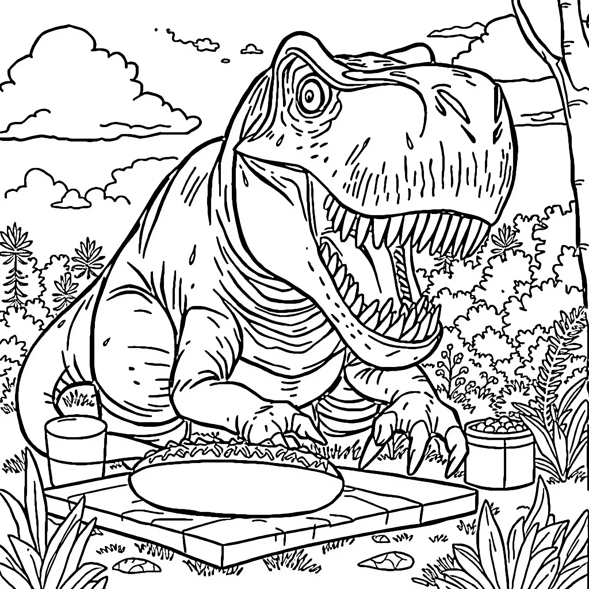 T-Rex hunting for food in the jungle Coloring Page (free black-and-white line drawing printable PDF for all, from beginners to advanced learners, including children, teens, adults, and seniors)