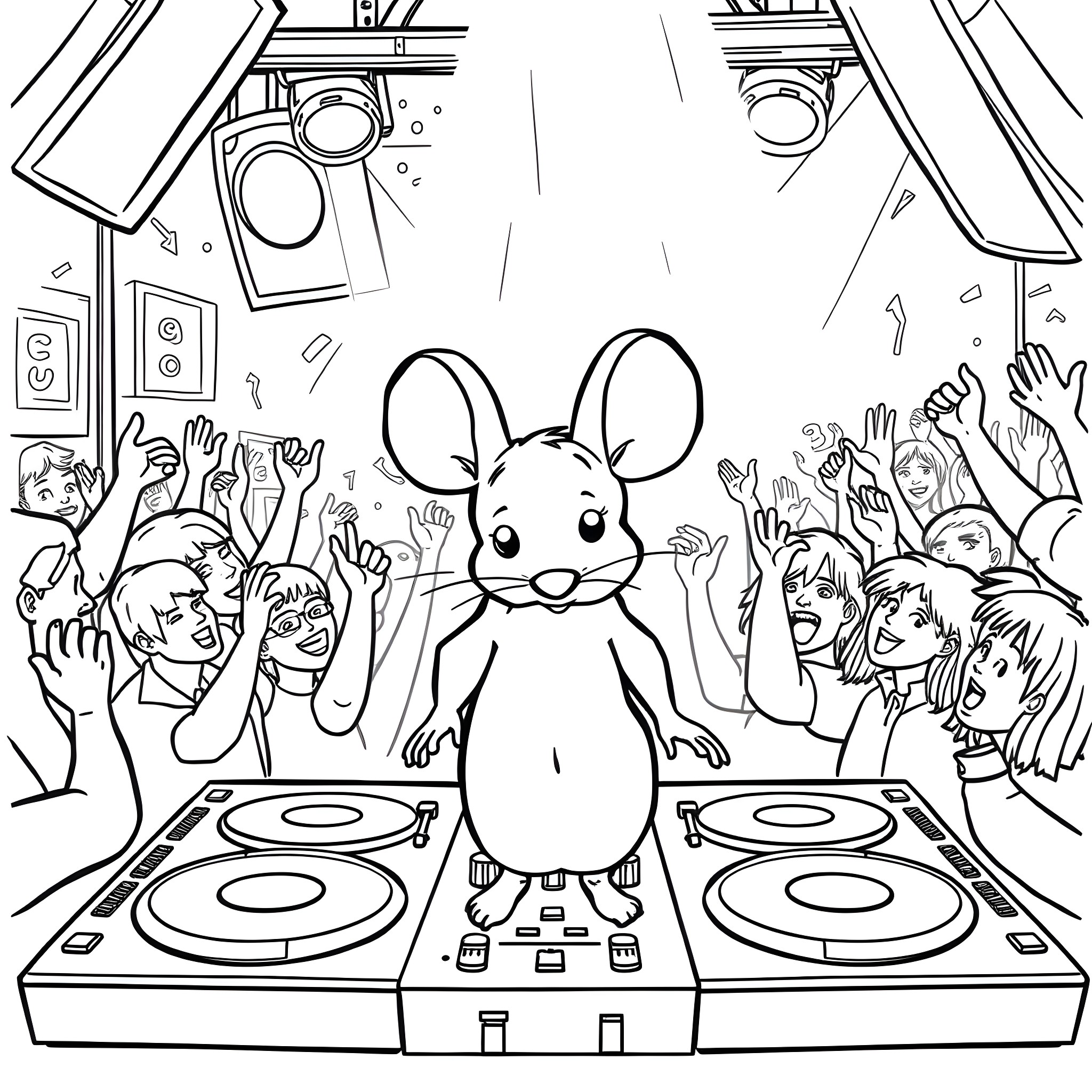 Mouse DJ entertaining the crowd at a music festival Coloring Page (free black-and-white line drawing printable PDF for all, from beginners to advanced learners, including children, teens, adults, and seniors)