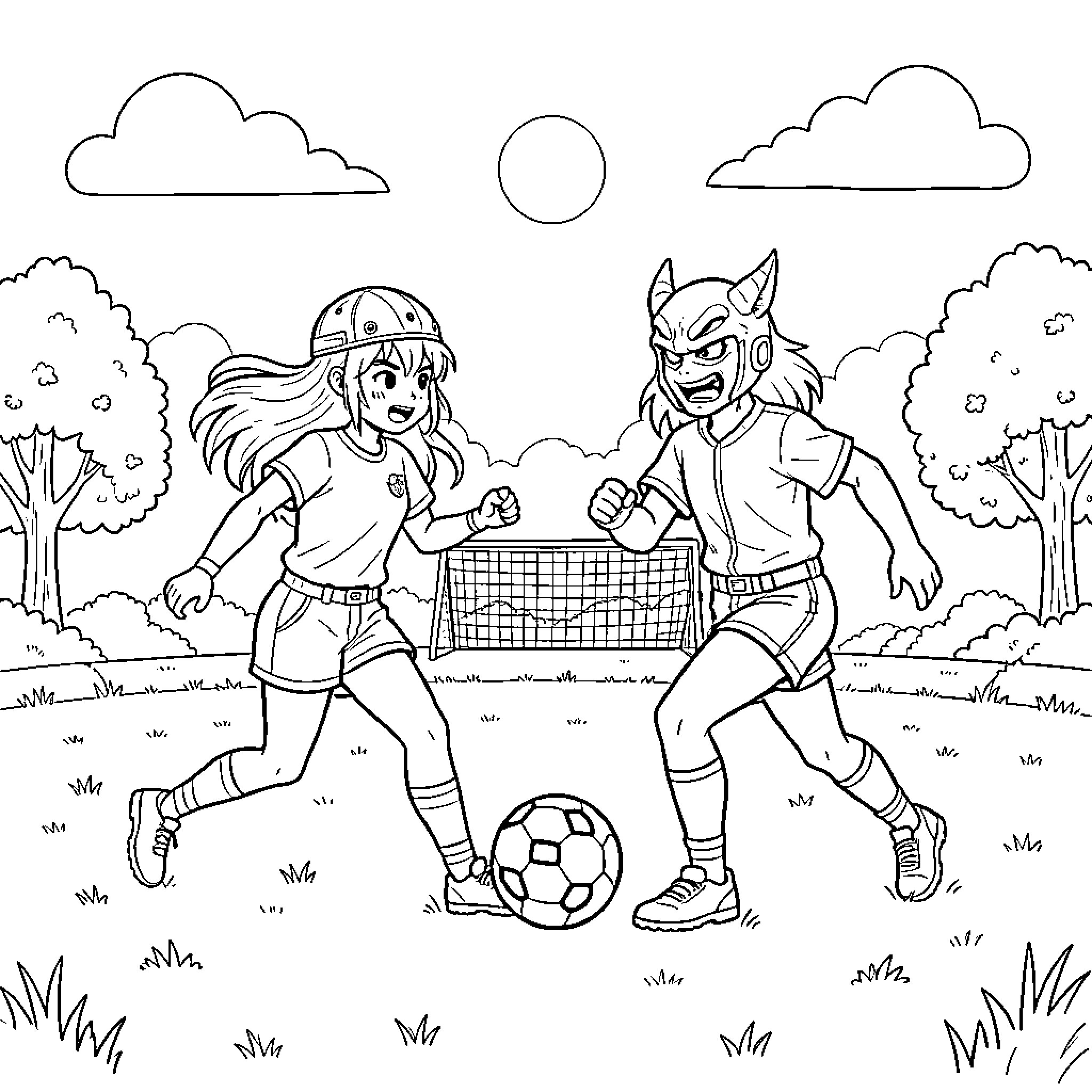 Mira playing soccer with a horned character outdoors Coloring Page (free black-and-white line drawing printable PDF for all, from beginners to advanced learners, including children, teens, adults, and seniors)