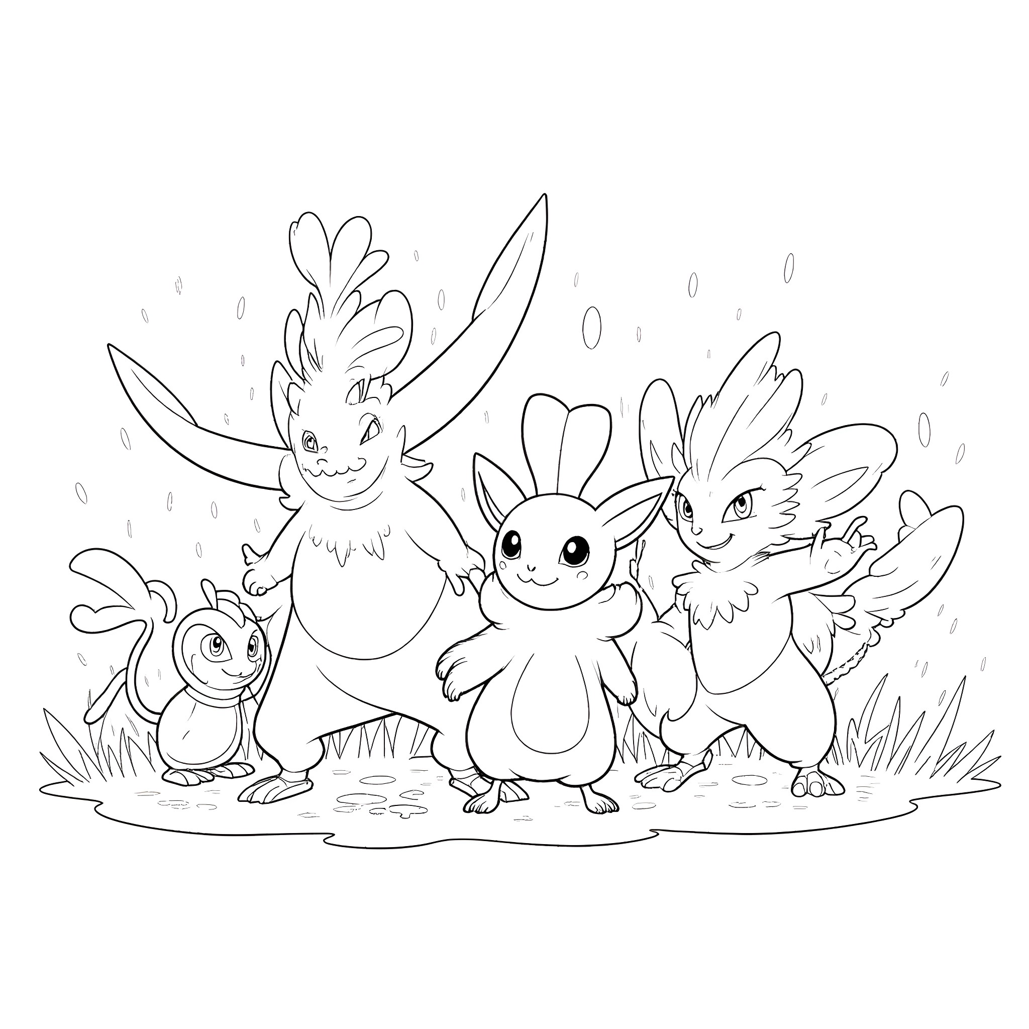 Pokémon characters playing and exploring in nature Coloring Page (free black-and-white line drawing printable PDF for all, from beginners to advanced learners, including children, teens, adults, and seniors)