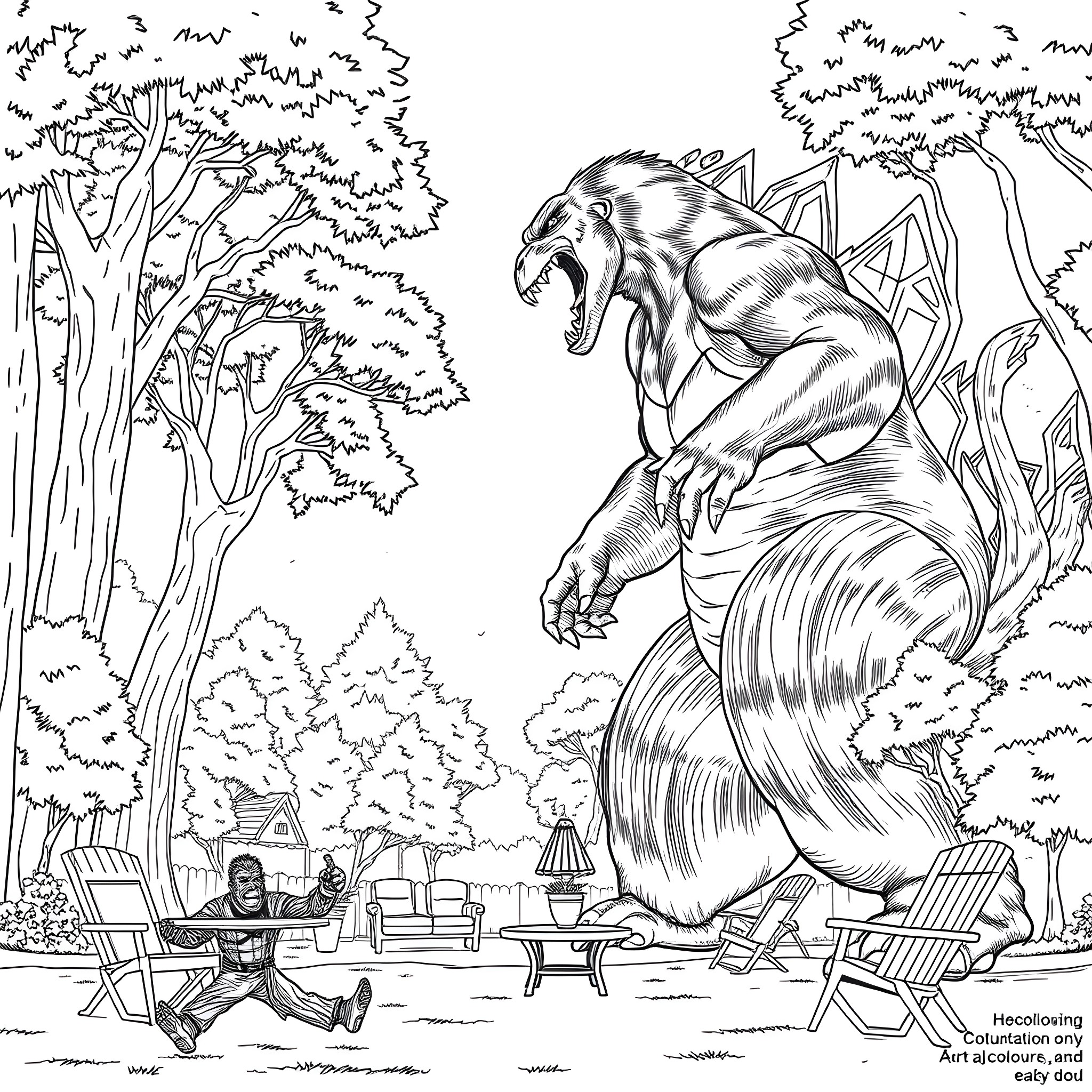 King Kong rampaging through a peaceful park scene Coloring Page (free black-and-white line drawing printable PDF for all, from beginners to advanced learners, including children, teens, adults, and seniors)