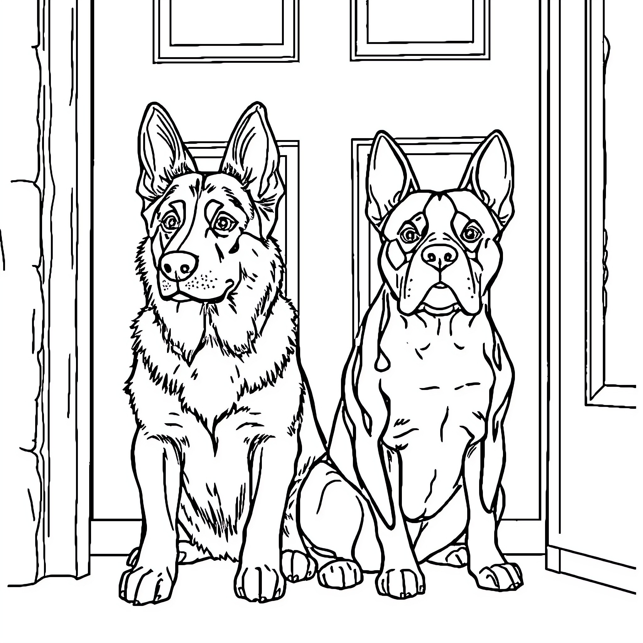 Dogs sitting at the front door Coloring Page (free black-and-white line drawing printable PDF for all, from beginners to advanced learners, including children, teens, adults, and seniors)
